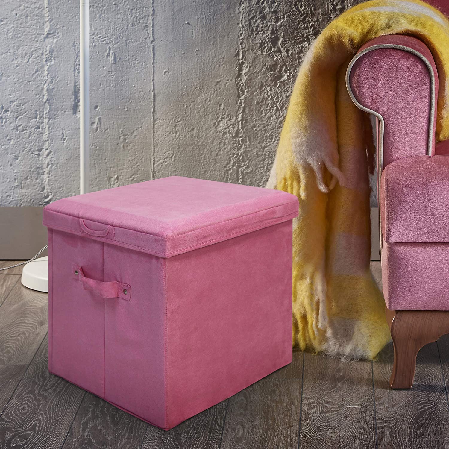 Casual Home Seat Pad Folding Storage Ottoman. Micro Suede Cover, Pink