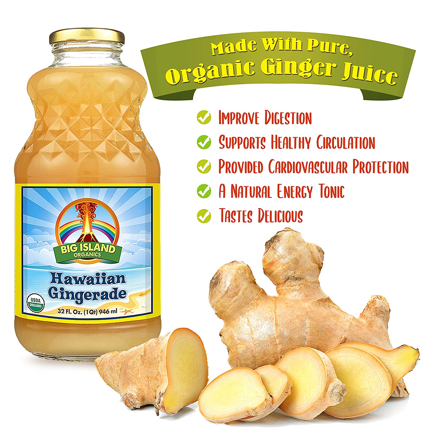 Big Island Organics Hawaiian Gingerade Made with 100% USDA Organic Ginger Juice &amp; Lemon Juice Natural Remedy with Fresh Ginger Juice 32 oz (Single Bottle)