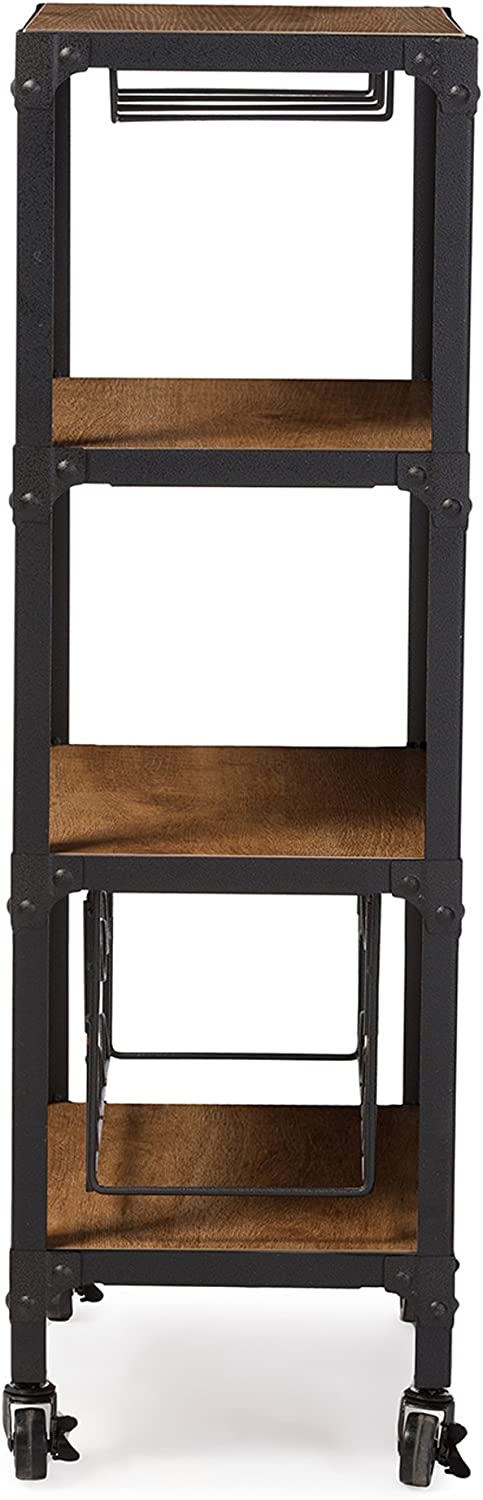 Baxton Studio Swanson Rustic Industrial Style Antique Textured Metal Distressed Wood Mobile Kitchen Bar Wine Storage Shelf, Black (YLX-9033)