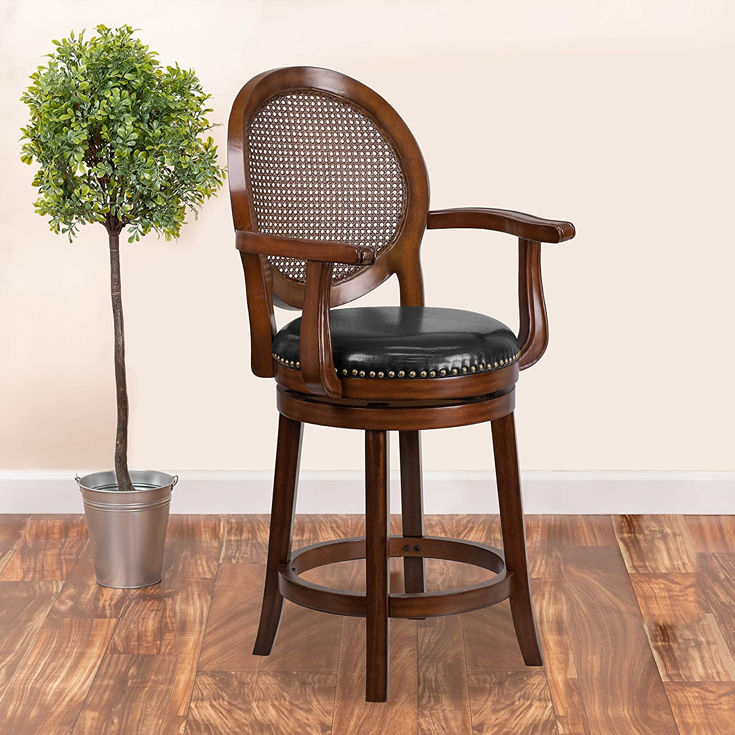 Flash Furniture 26&#39;&#39; High Expresso Wood Counter Height Stool with Arms, Woven Rattan Back and Black LeatherSoft Swivel Seat