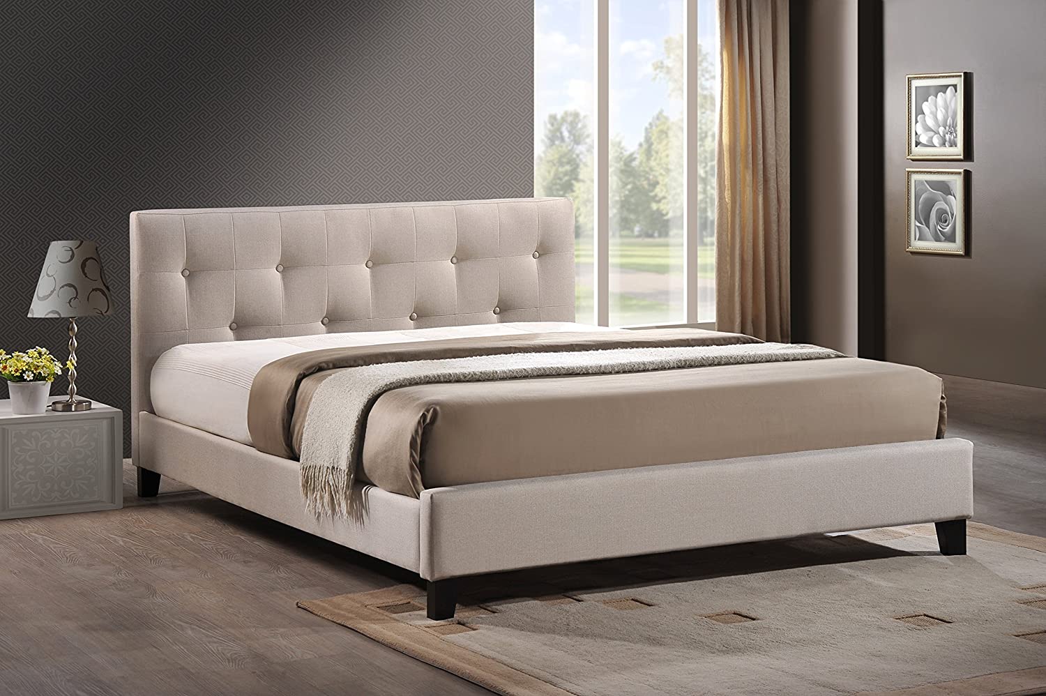 Baxton Studio Annette Gray Linen Modern Bed with Upholstered Headboard - Full Size