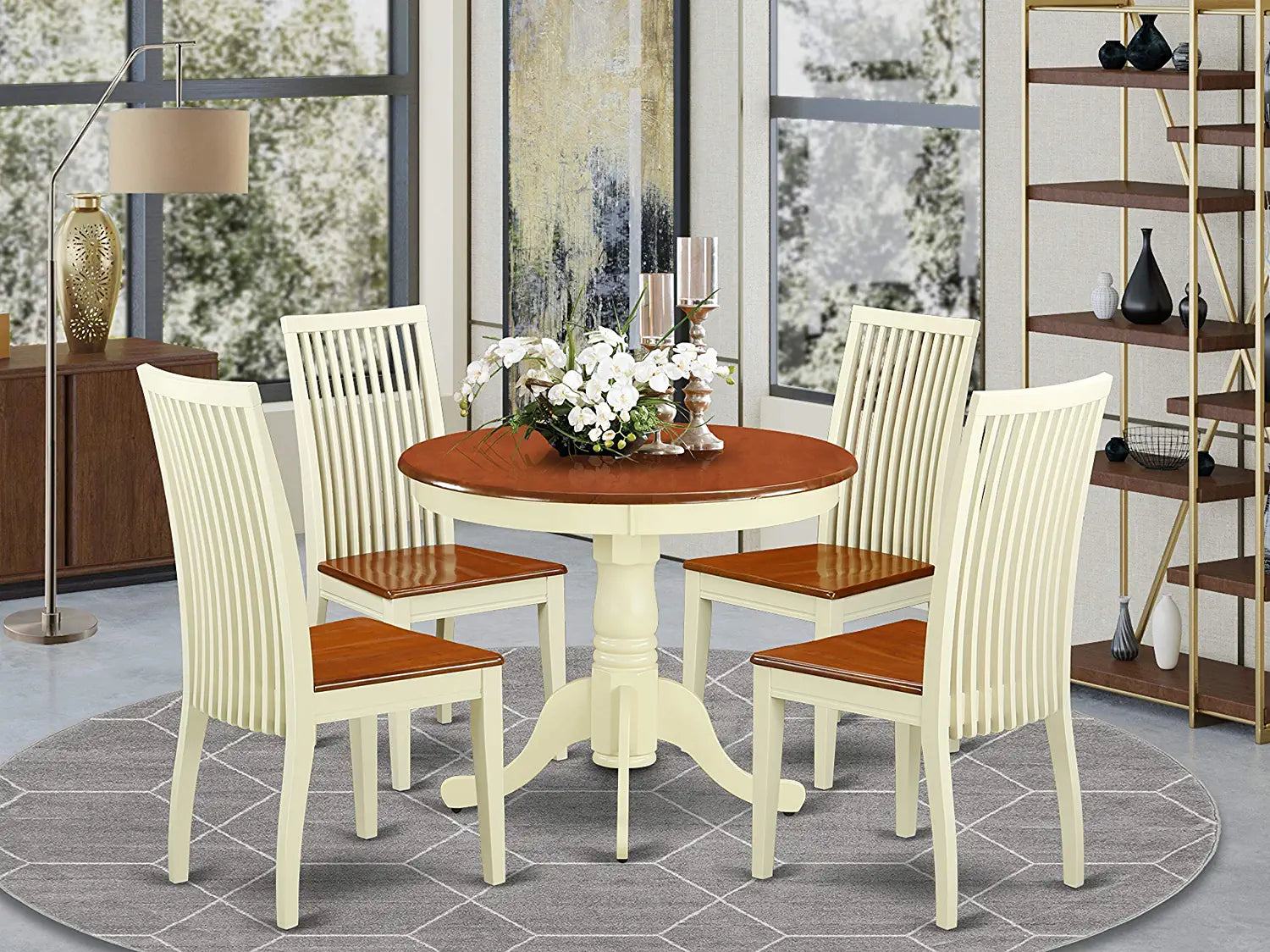 East West Furniture ANIP5-MAH-W Dining Room Table Set, 4 Chairs and 1