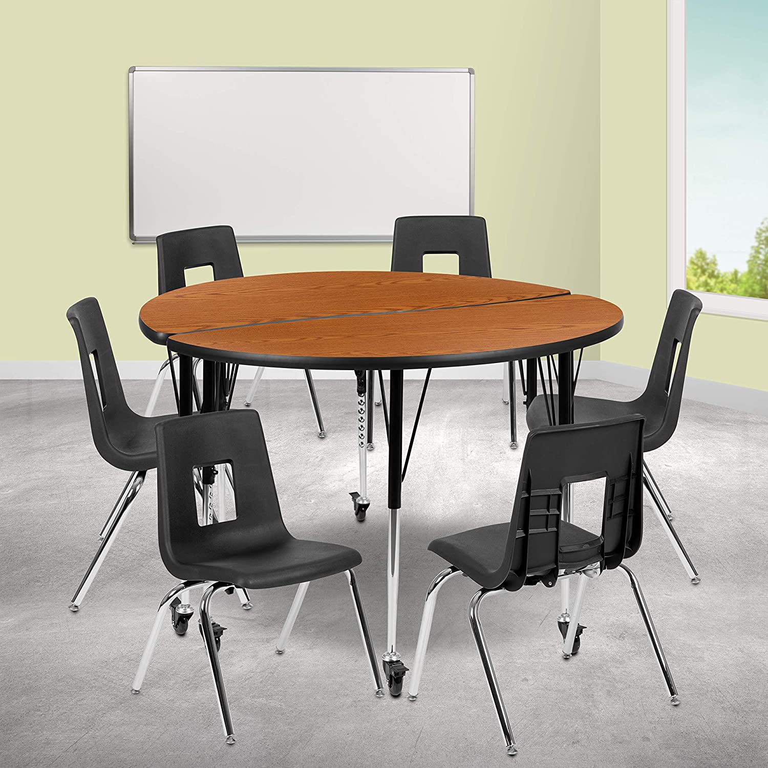 Flash Furniture Mobile 47.5&#34; Circle Wave Collaborative Laminate Activity Table Set with 18&#34; Student Stack Chairs, Oak/Black