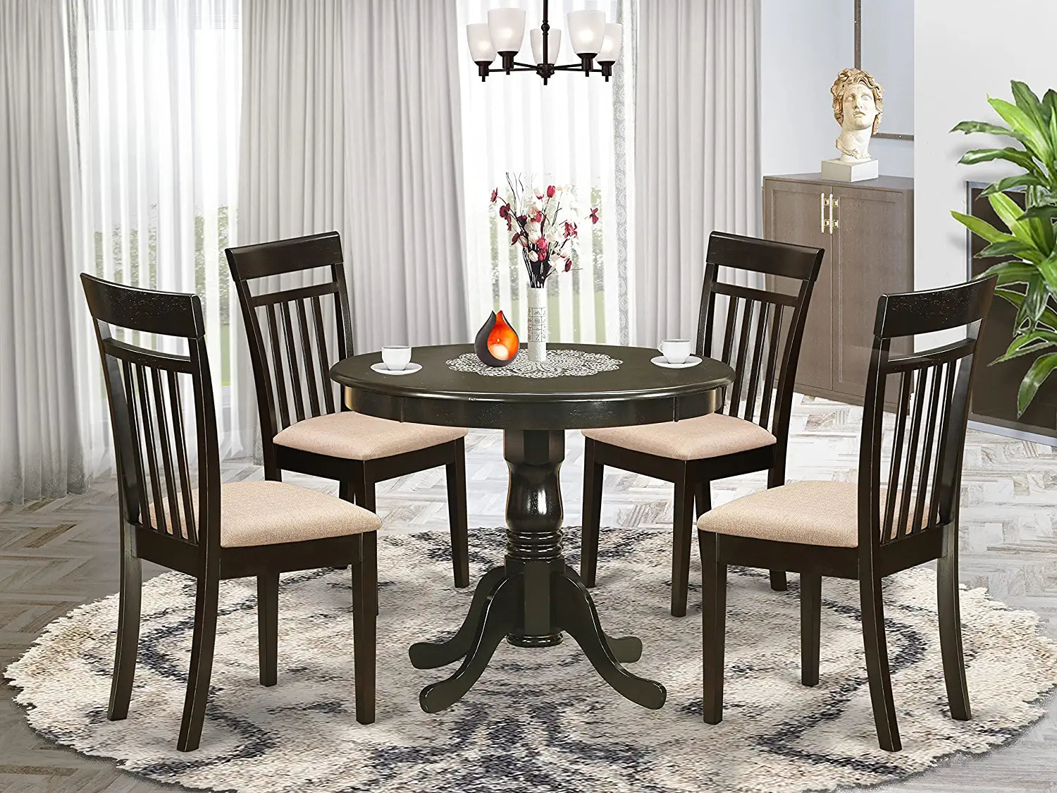 East West Furniture Kitchen Table Set- 4 Great dining room chairs - A Gorgeous Dinner Table- Wooden Seat and Cappuccino Wood Kitchen Table