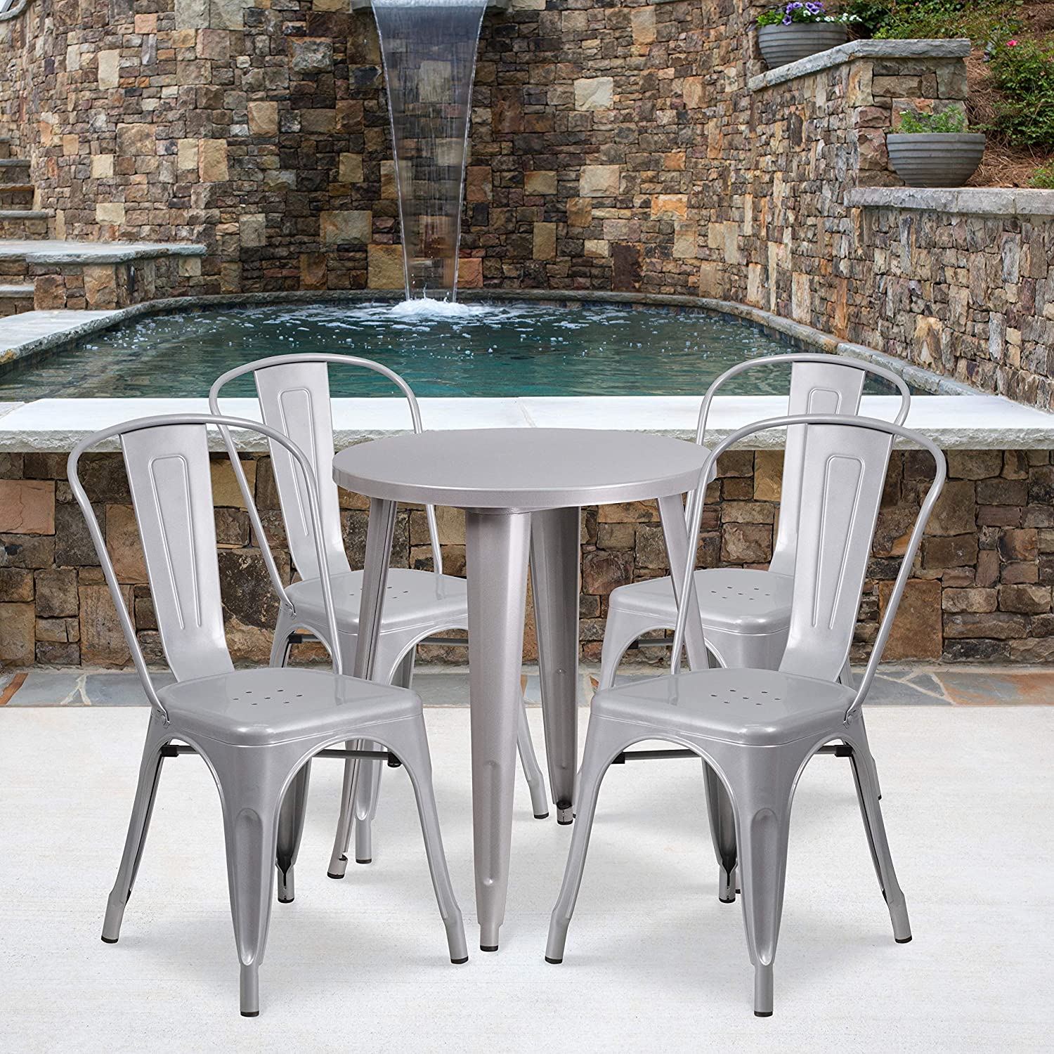 Flash Furniture Commercial Grade 24&#34; Round Silver Metal Indoor-Outdoor Table Set with 4 Cafe Chairs