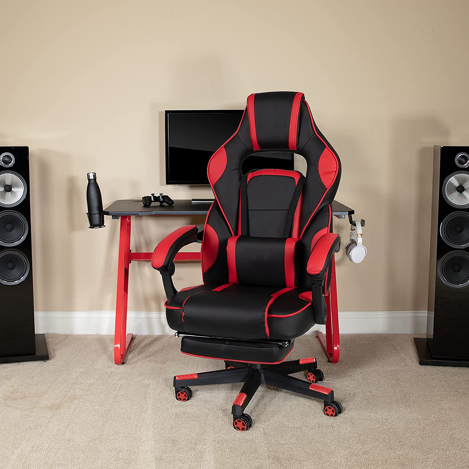 Flash Furniture Red Gaming Desk with Cup Holder/Headphone Hook & Red Reclining Back/Arms Gaming Chair with Footrest