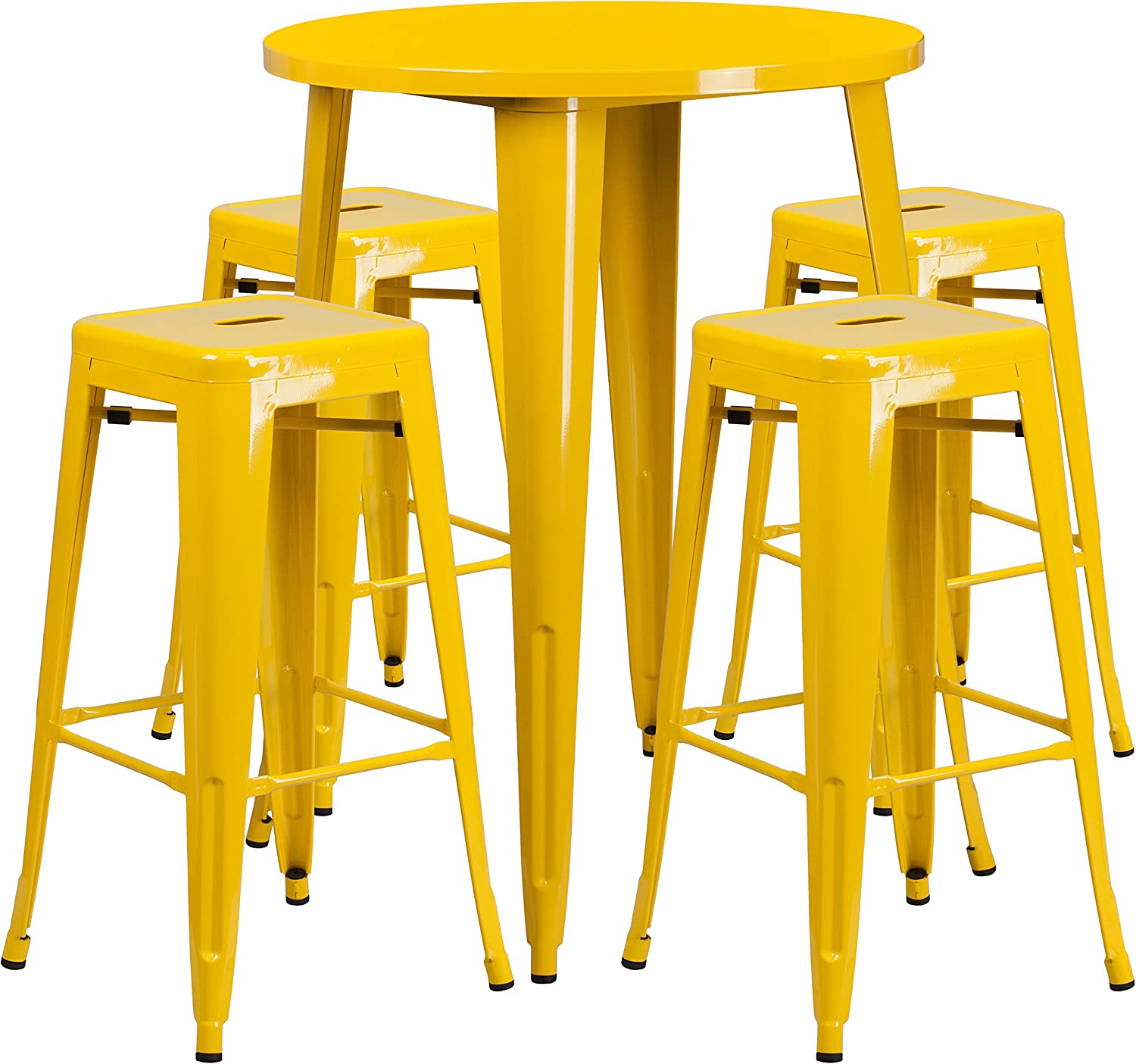 Flash Furniture Commercial Grade 30&#34; Round Yellow Metal Indoor-Outdoor Bar Table Set with 4 Square Seat Backless Stools