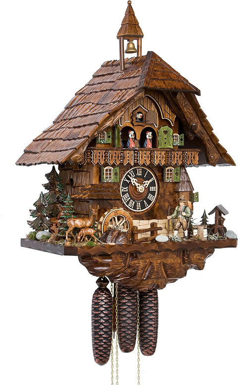 Eight Day Musical Cuckoo Chalet Moving Hunter w/ waterwheel and laid shingled roof