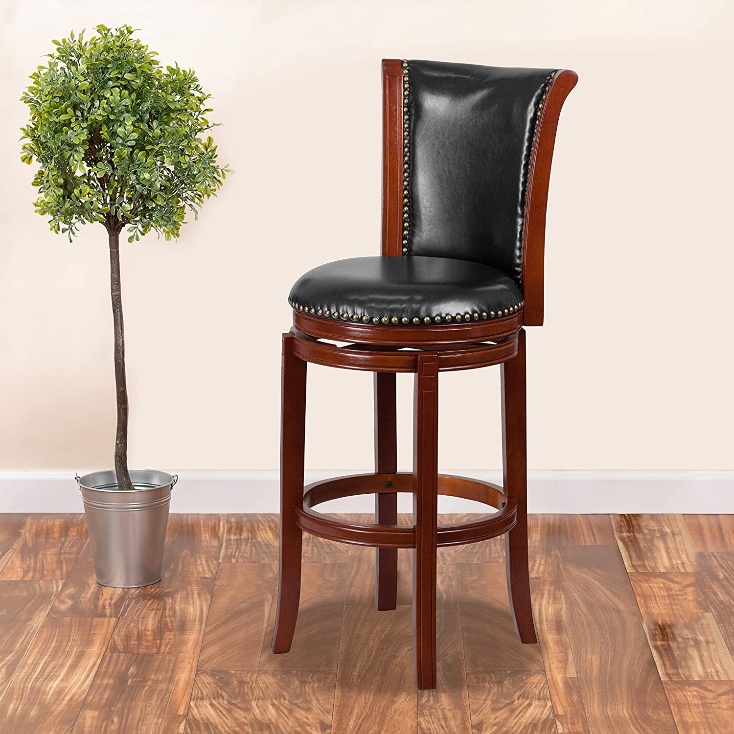 Flash Furniture 30&#39;&#39; High Dark Chestnut Wood Barstool with Panel Back and Black LeatherSoft Swivel Seat