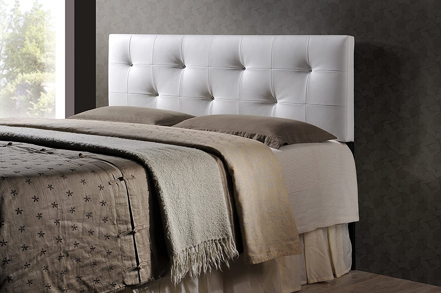 Baxton Studio Dalini Modern and Contemporary Queen Black Faux Leather Headboard with Faux Crystal Buttons