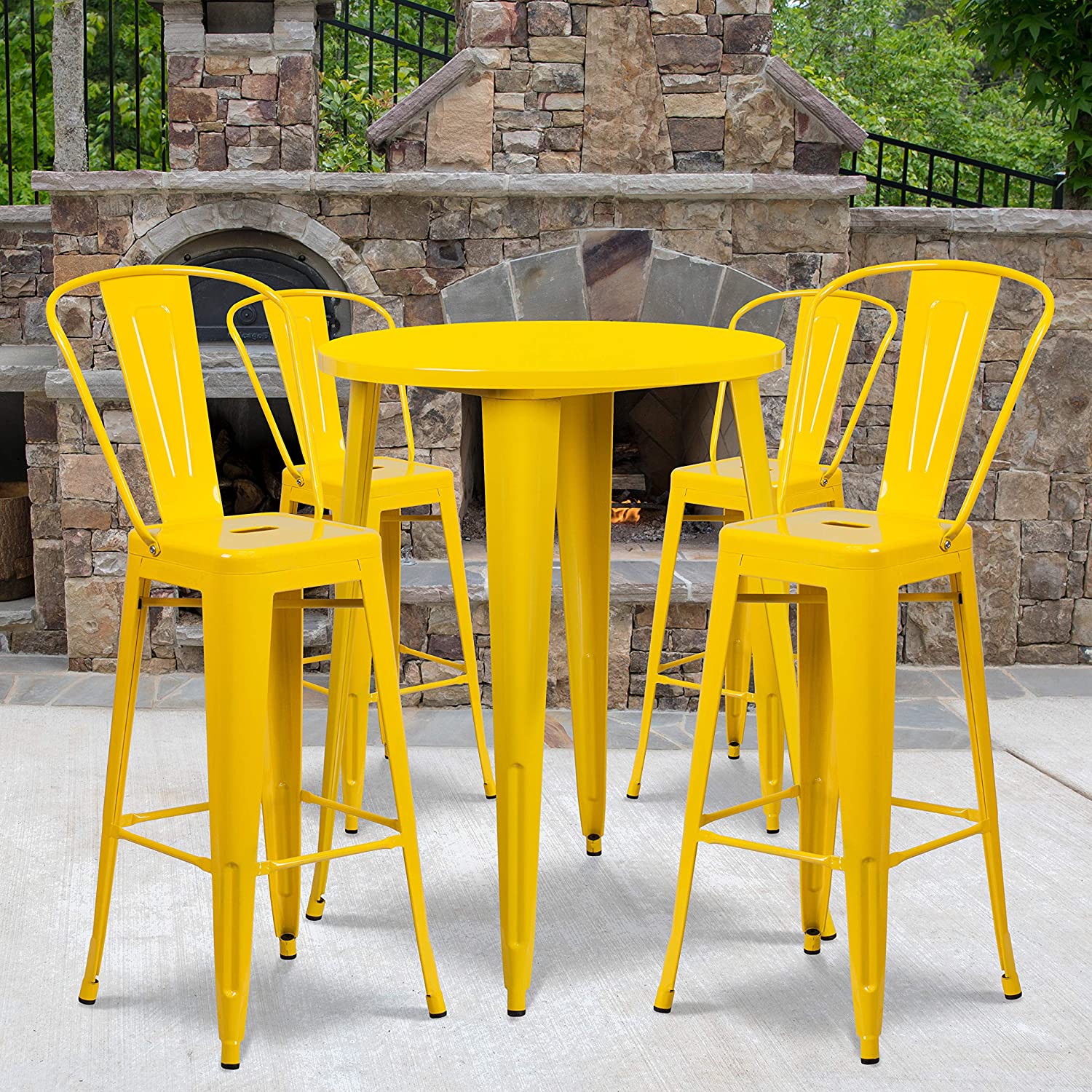 Flash Furniture Commercial Grade 30&#34; Round Yellow Metal Indoor-Outdoor Bar Table Set with 4 Cafe Stools