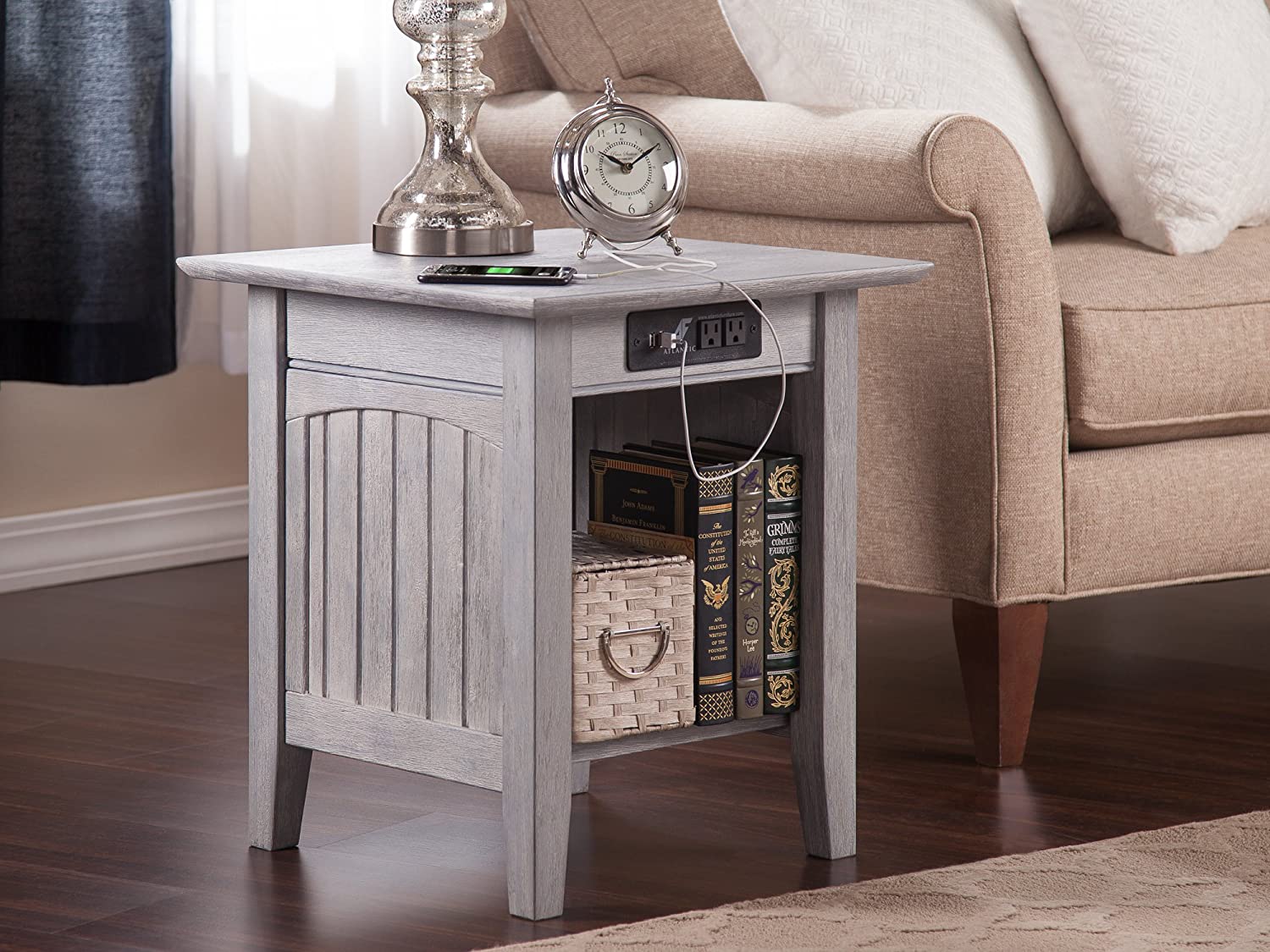 AFI Nantucket End Table with Charging Station, (20&#34; x 20&#34;), Driftwood