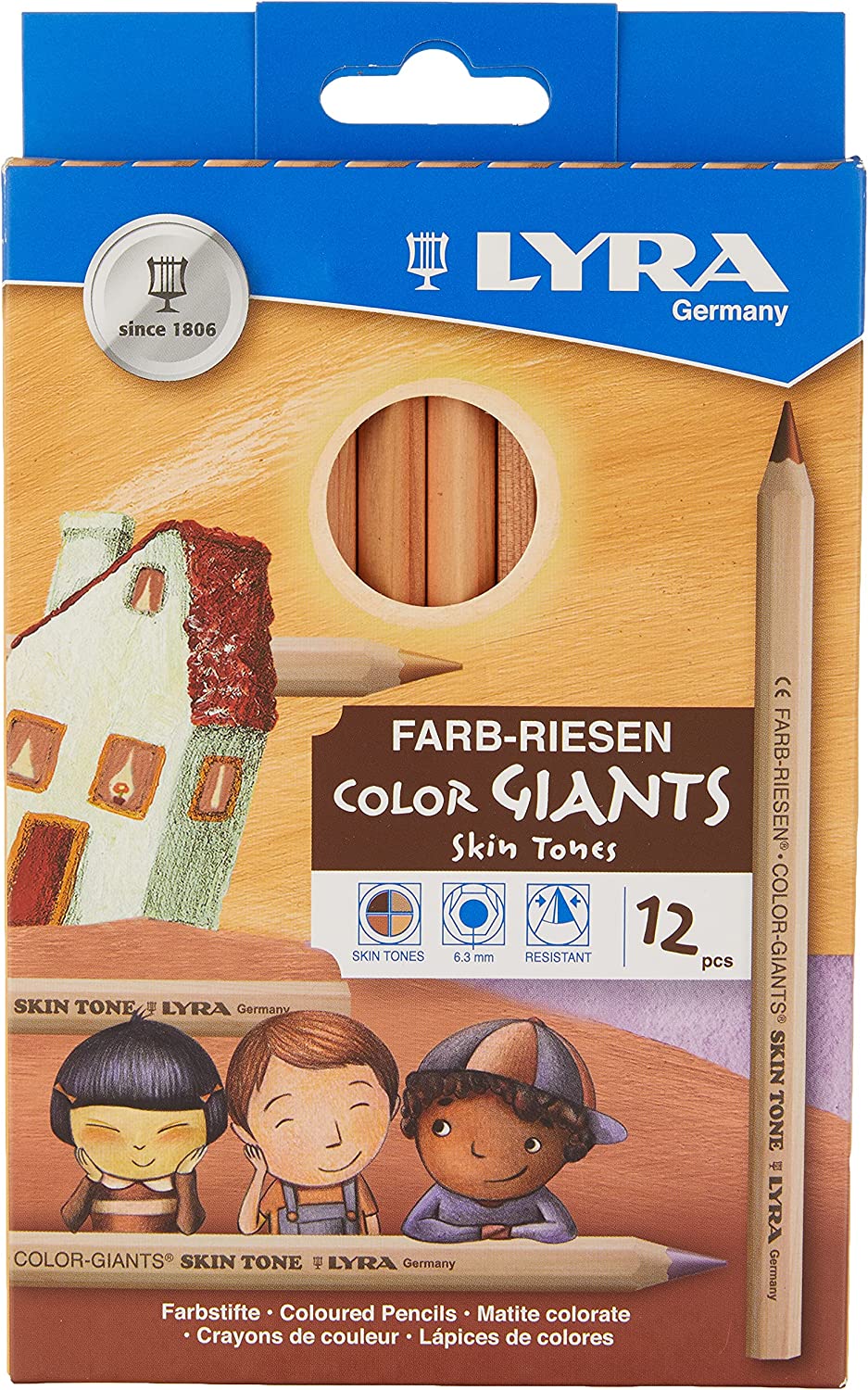 Lyra Color-Giants Colored Pencils, Unlacquered, 6.3 Millimeter Cores, Assorted Skin Tone Colors, 12-Pack (3931124), Multicolor
