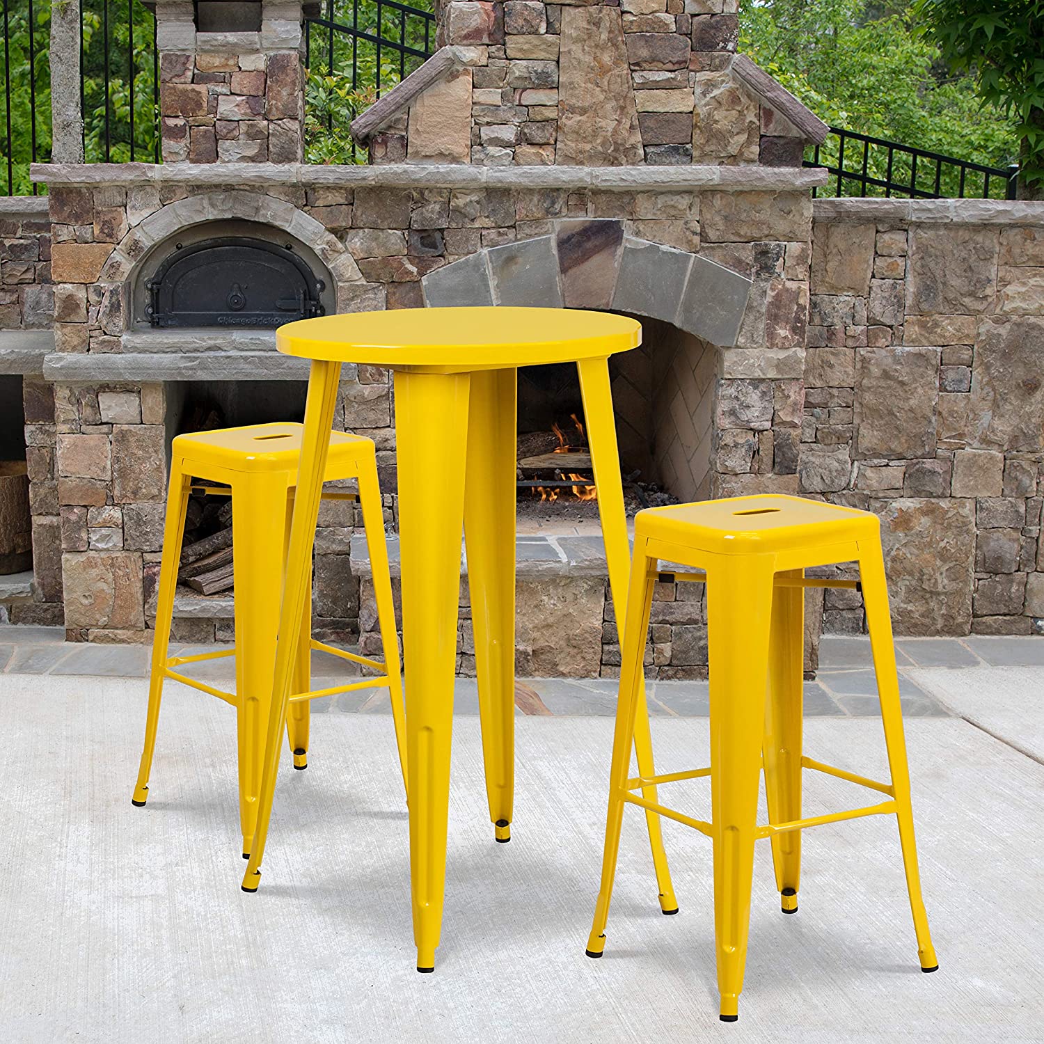 Flash Furniture Commercial Grade 24&#34; Round Yellow Metal Indoor-Outdoor Bar Table Set with 2 Square Seat Backless Stools