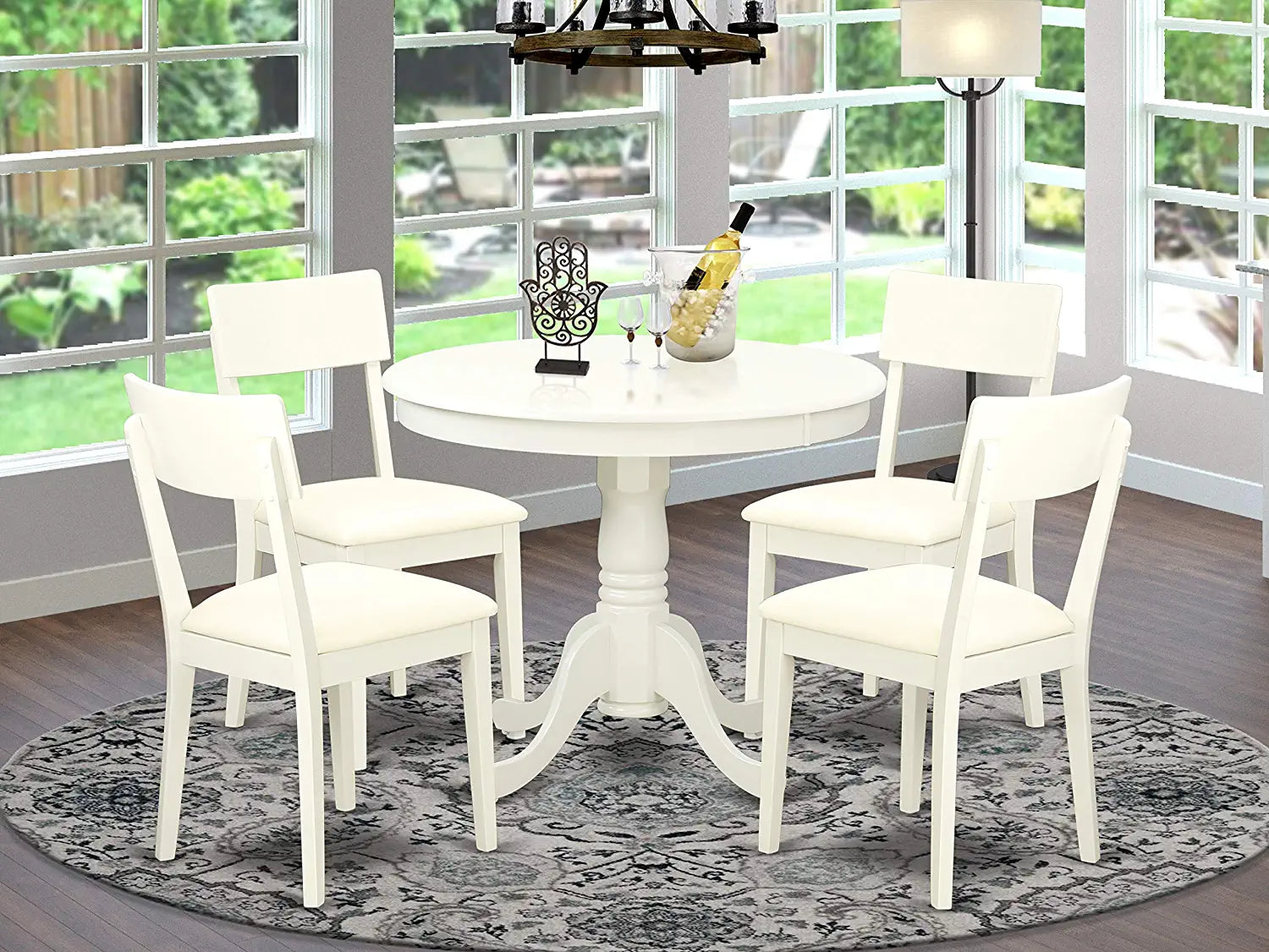 East-West Furniture ANAD5-LWH-LC Kitchen Dining Table Set - 4 Fantastic Wooden Dining Chairs with Faux Leather Seat - A Pedestal Dining Table (Linen White Finish)