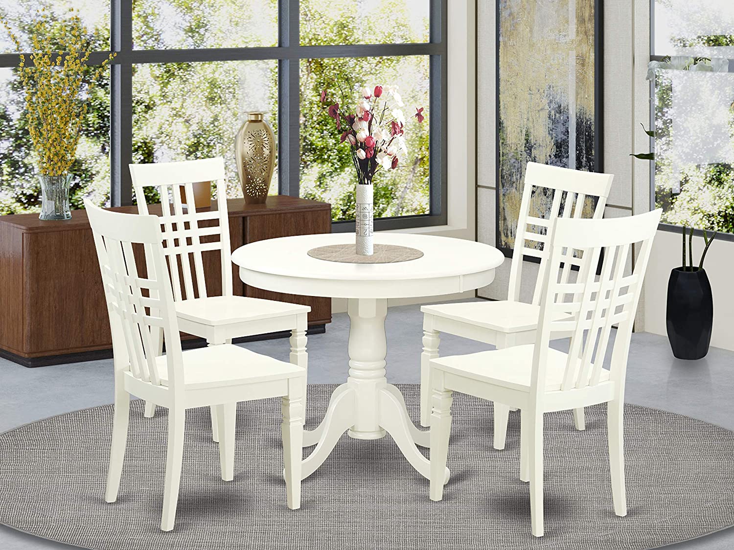 East West Furniture Dining Set- 4 Fantastic Dining Room Chairs - A Wonderful Kitchen Table- Wooden Seat and Linen White Round Wooden Table