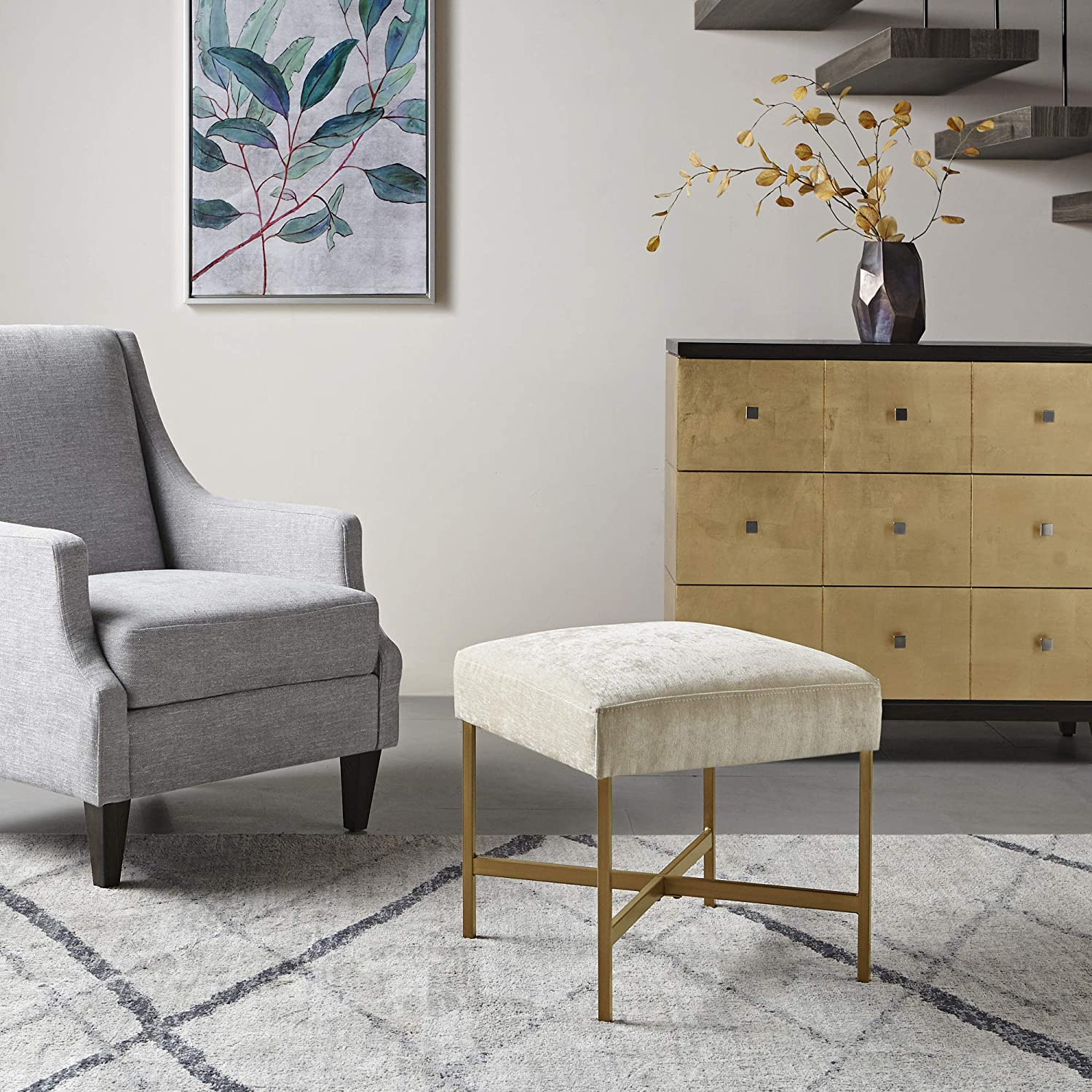 Martha Stewart Markus Accent Ottoman - Metal Frame, Soft Fabric, Small Stool Chair Modern Foam Padded Top Footstool Living Room Furniture, 18&#34; X 18&#34; X 18.75&#34;, Cream (MT101-0038)