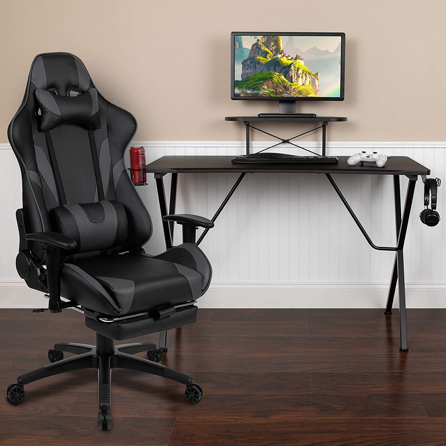 Flash Furniture Black Gaming Desk with Cup Holder/Headphone Hook and Monitor/Smartphone Stand & Gray Reclining Gaming Chair with Footrest