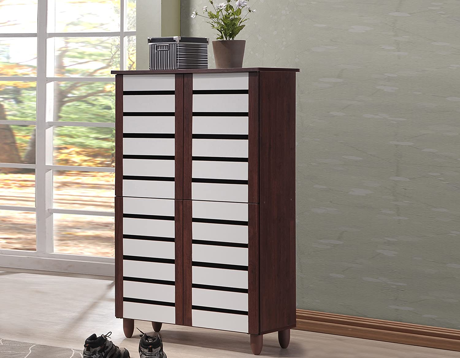 Baxton Studio Wholesale Interiors Gisela Oak and White 2-Tone Shoe Cabinet with 4 Door