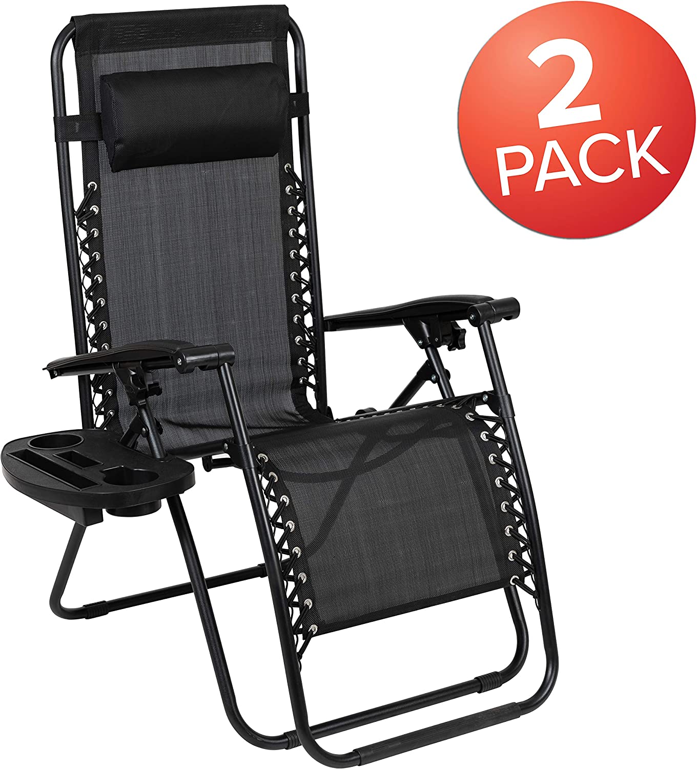 Flash Furniture Adjustable Folding Mesh Zero Gravity Reclining Lounge Chair with Pillow and Cup Holder Tray in Black, Set of 2