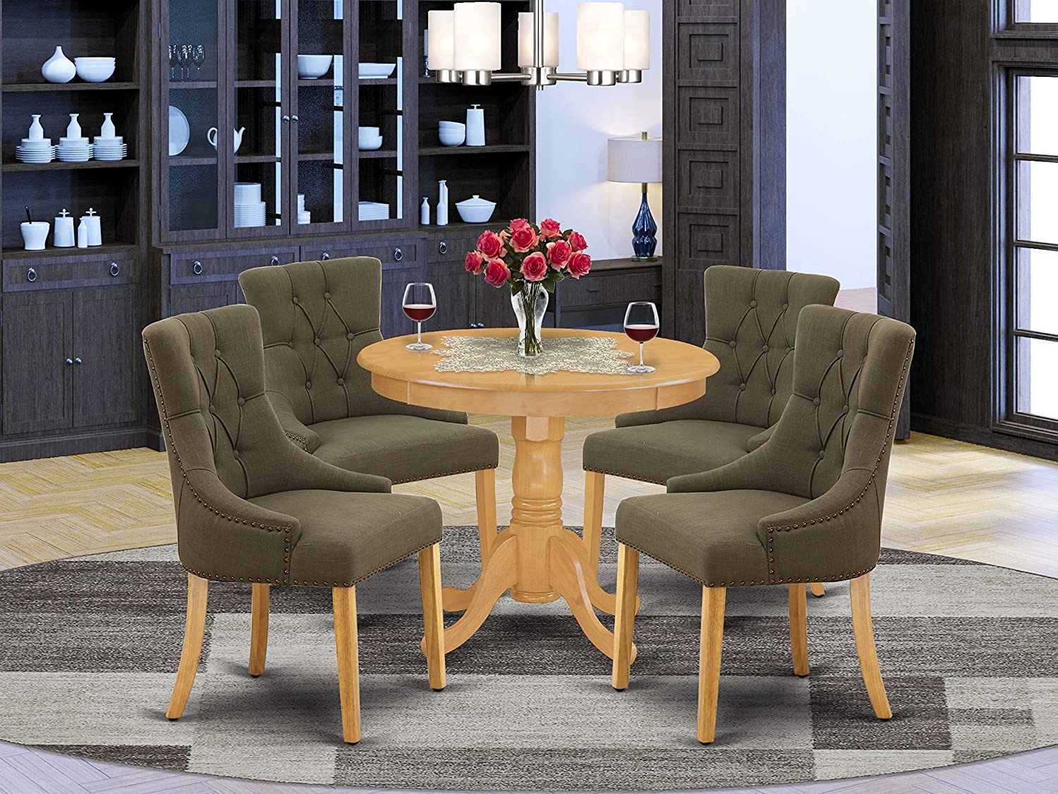 East West Furniture 5Pc Dining Set Includes a Small Round Dinette Table and Four Parson Chairs with Dark Gotham Grey Fabric, Oak Finish