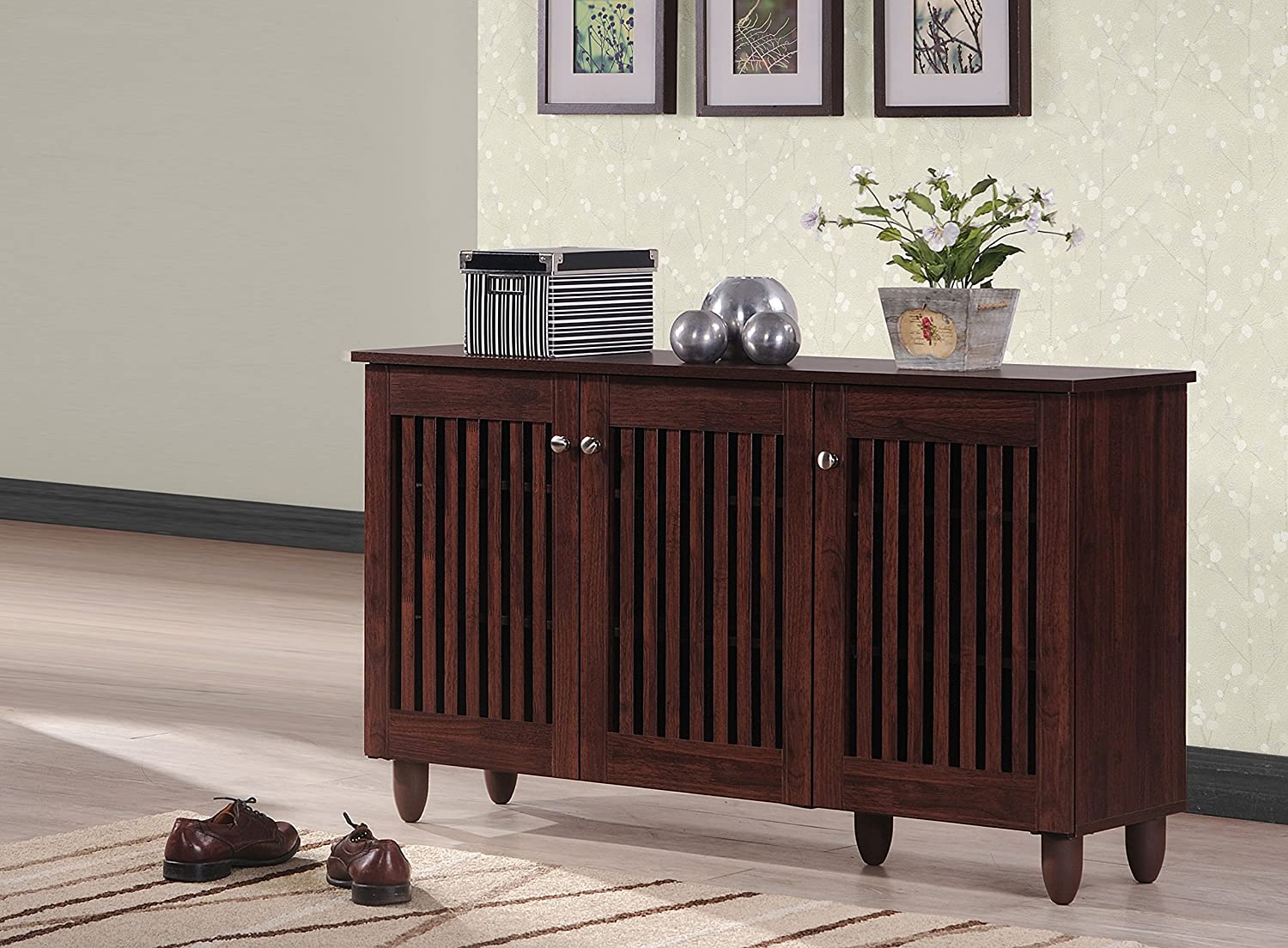 Baxton Studio Wholesale Interiors Fernanda Modern and Contemporary 3-Door Oak Brown Wooden Entryway Shoes Storage Wide Cabinet