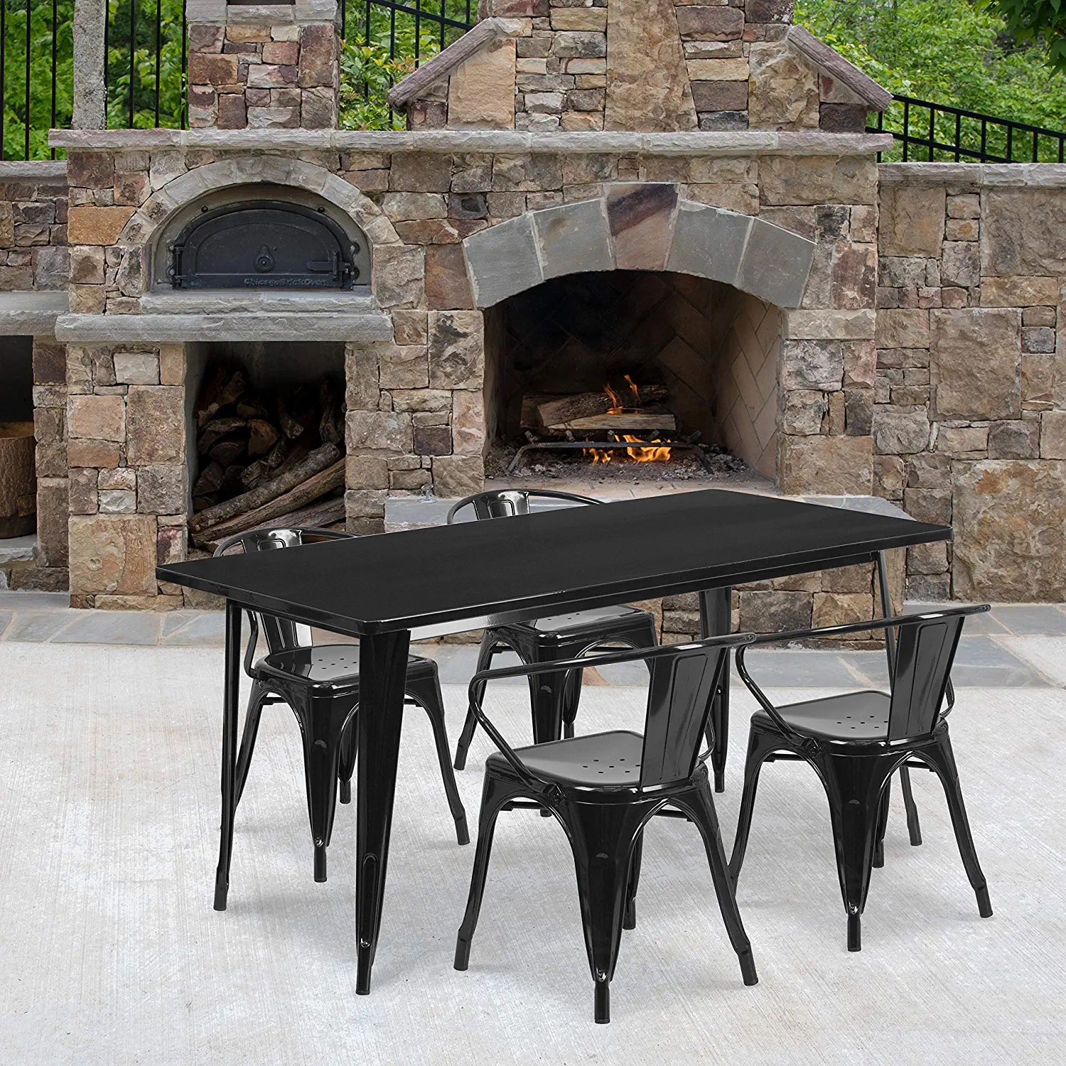 Flash Furniture Commercial Grade 31.5&#34; x 63&#34; Rectangular Black Metal Indoor-Outdoor Table Set with 4 Arm Chairs