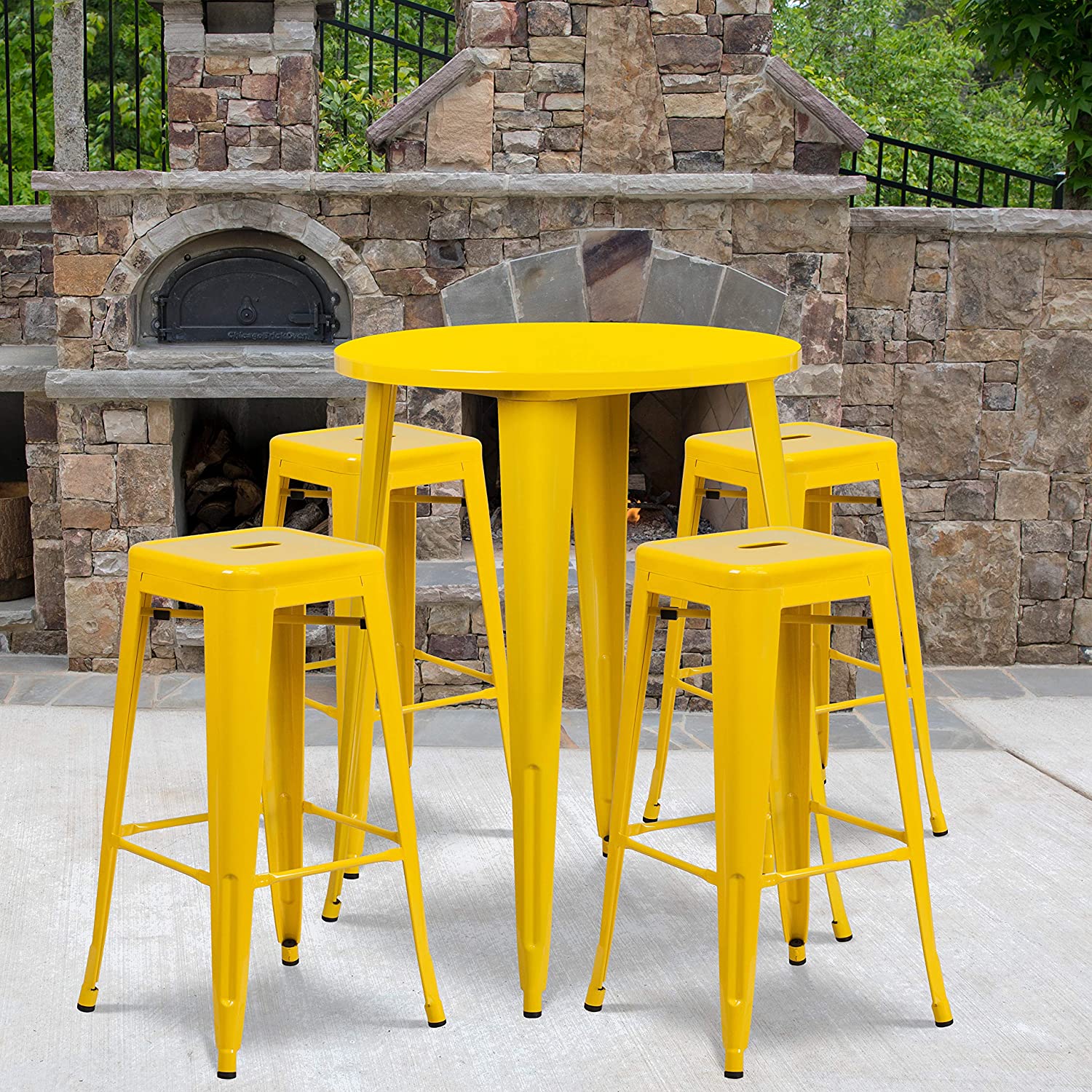 Flash Furniture Commercial Grade 30&#34; Round Yellow Metal Indoor-Outdoor Bar Table Set with 4 Square Seat Backless Stools