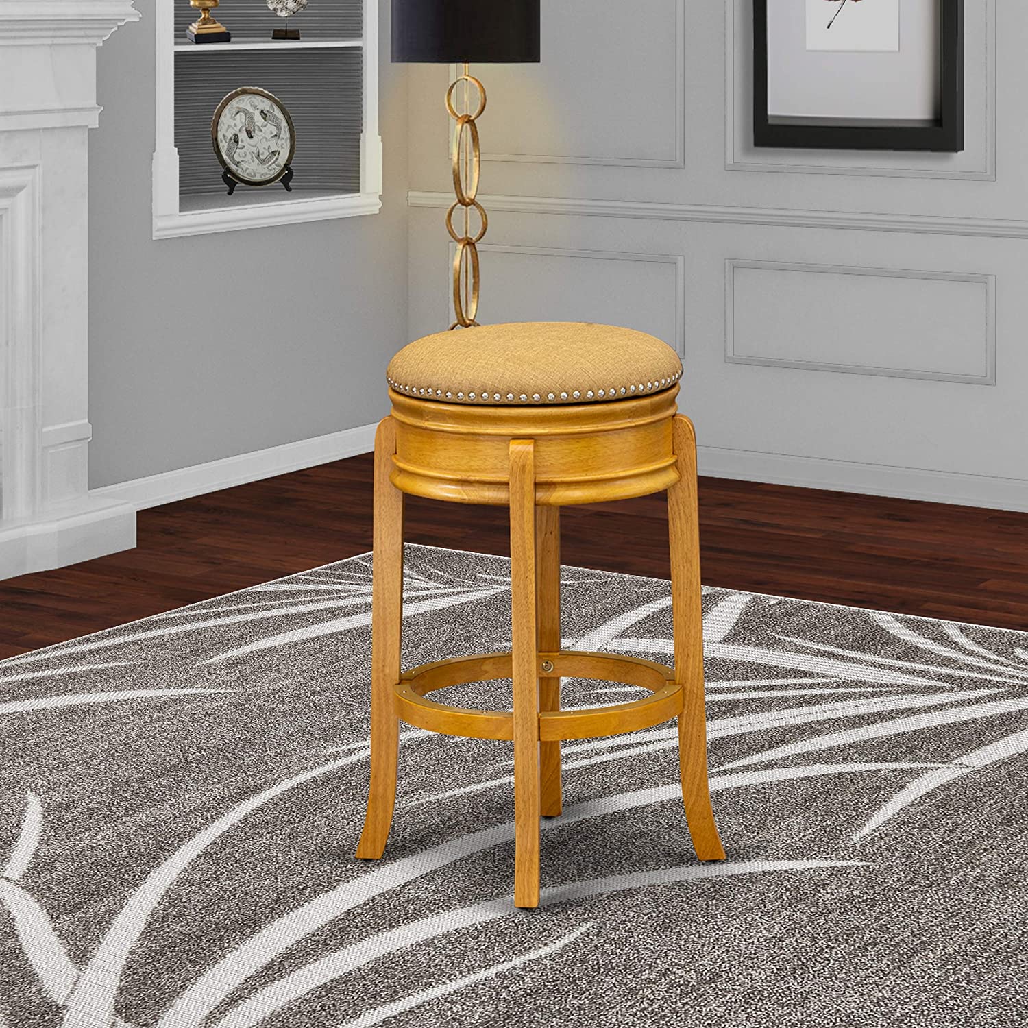 East West Furniture AMS030-416 Counter Height Bar Stool- Counter Height Bar Stool with Round Shape - Vegas Gold PU Leather Seat and 4 Solid Wood Curved Legs - Upholstered Bar Stool Oak Finish, 30
