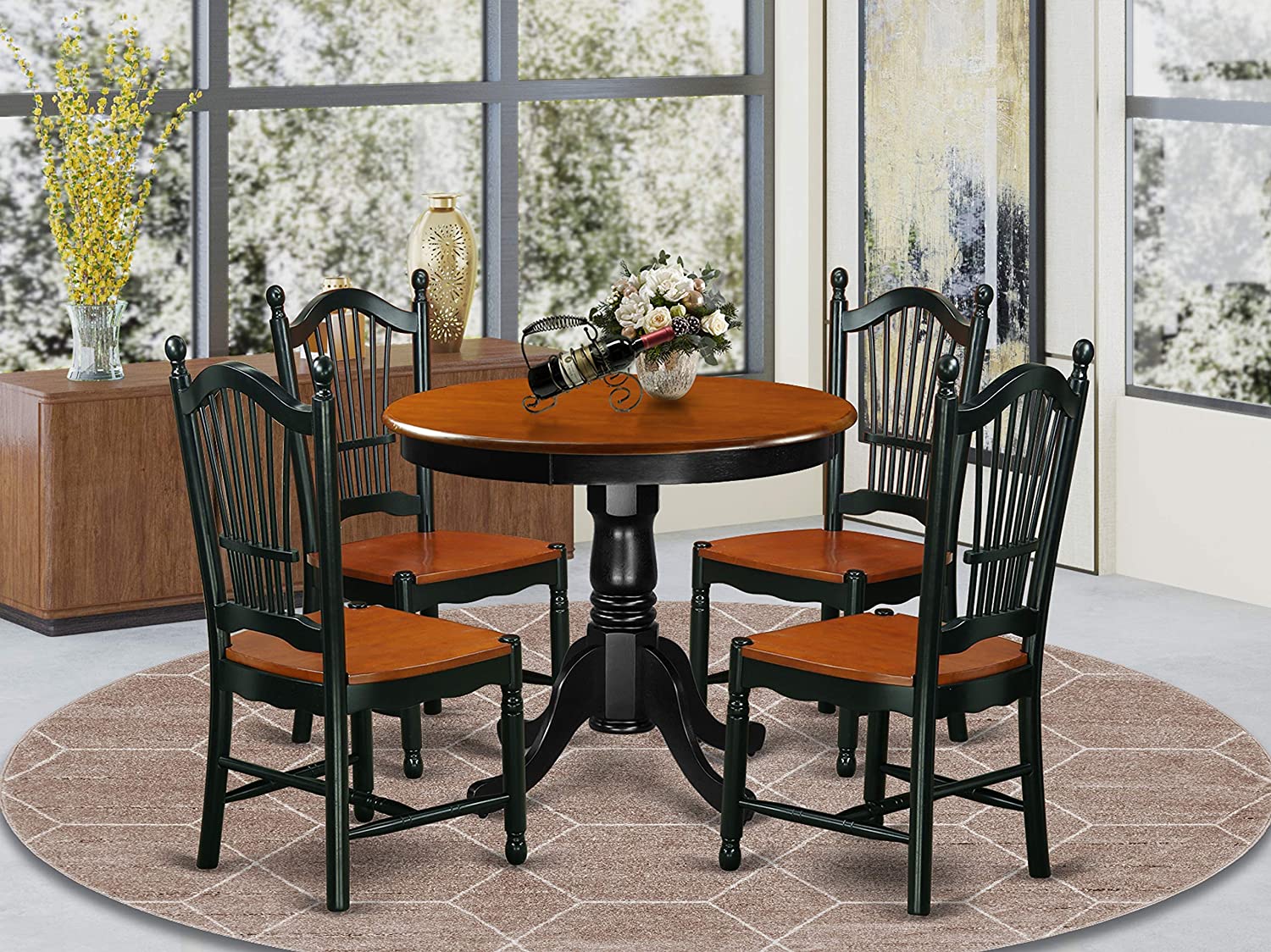 East West Furniture Dining Table Set- 4 Wonderful Wooden Chairs - A Wonderful Dining Room Table- Wooden Seat Cherry and Black Round Wooden Dining Table