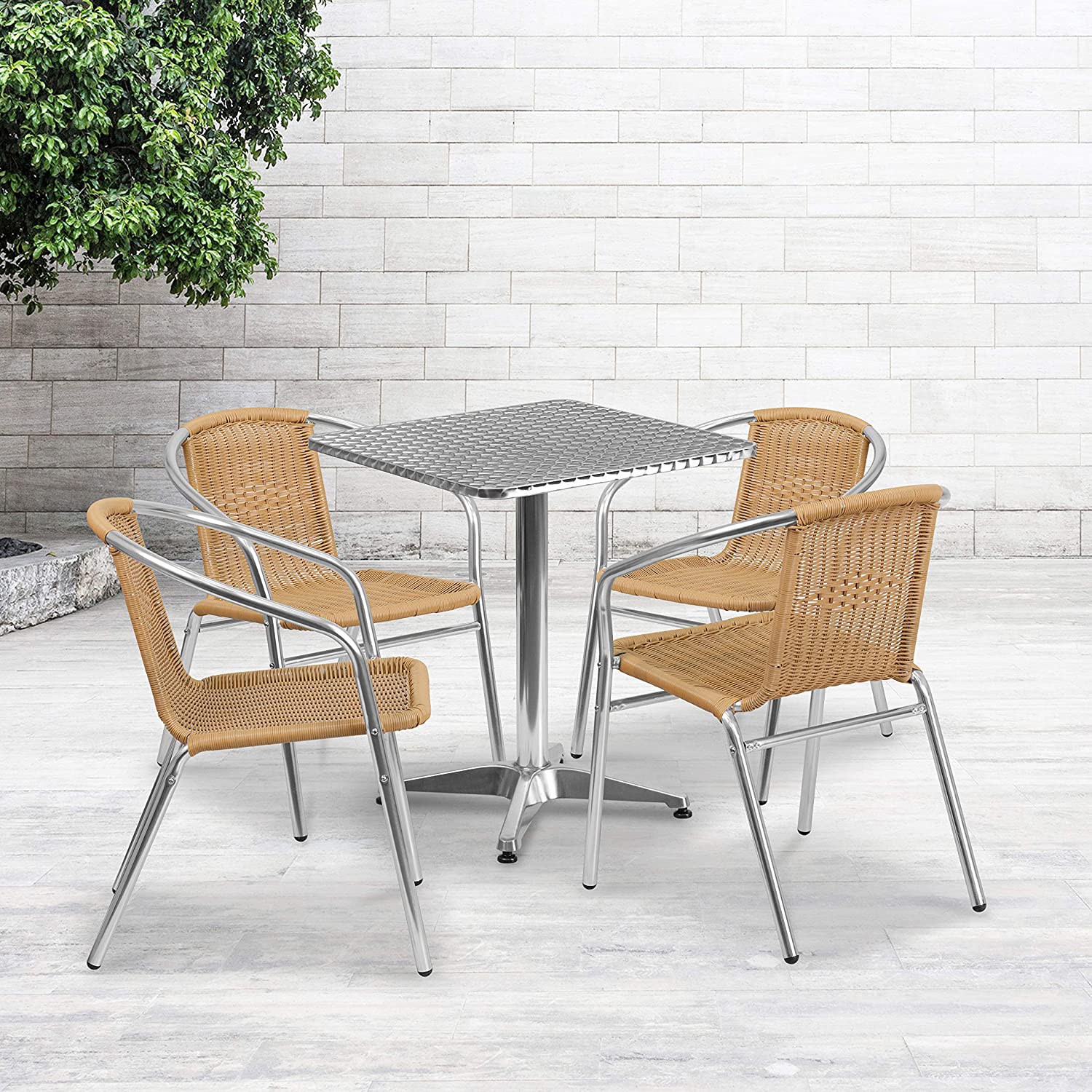 Flash Furniture 23.5&#39;&#39; Square Aluminum Indoor-Outdoor Table Set with 4 Dark Brown Rattan Chairs