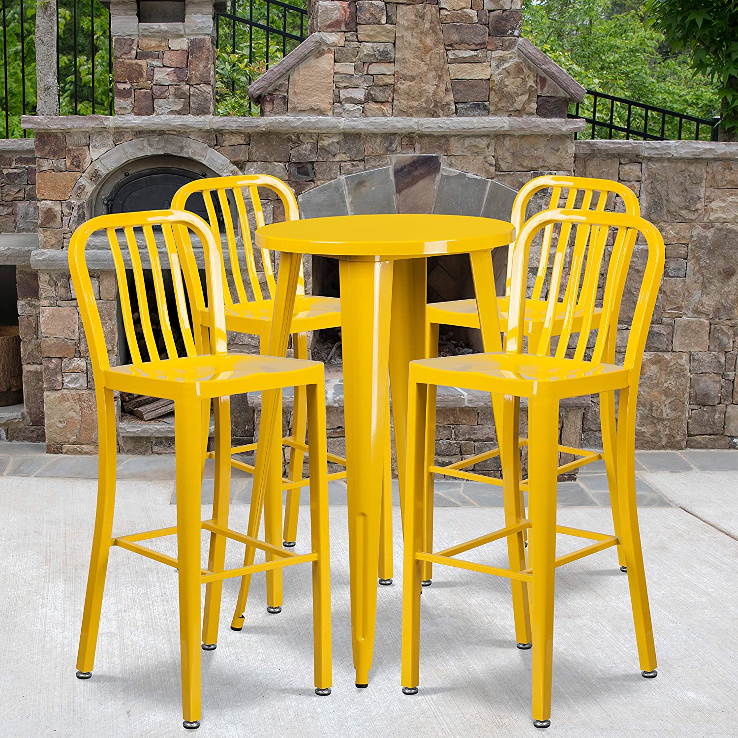 Flash Furniture Commercial Grade 24&#34; Round Yellow Metal Indoor-Outdoor Bar Table Set with 4 Vertical Slat Back Stools