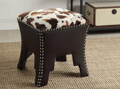 Baxton Studio Sally Modern and Contemporary Cow-Print Patterned Fabric Brown Faux Leather Upholstered Accent Stool with Nail Heads, Single-Piece