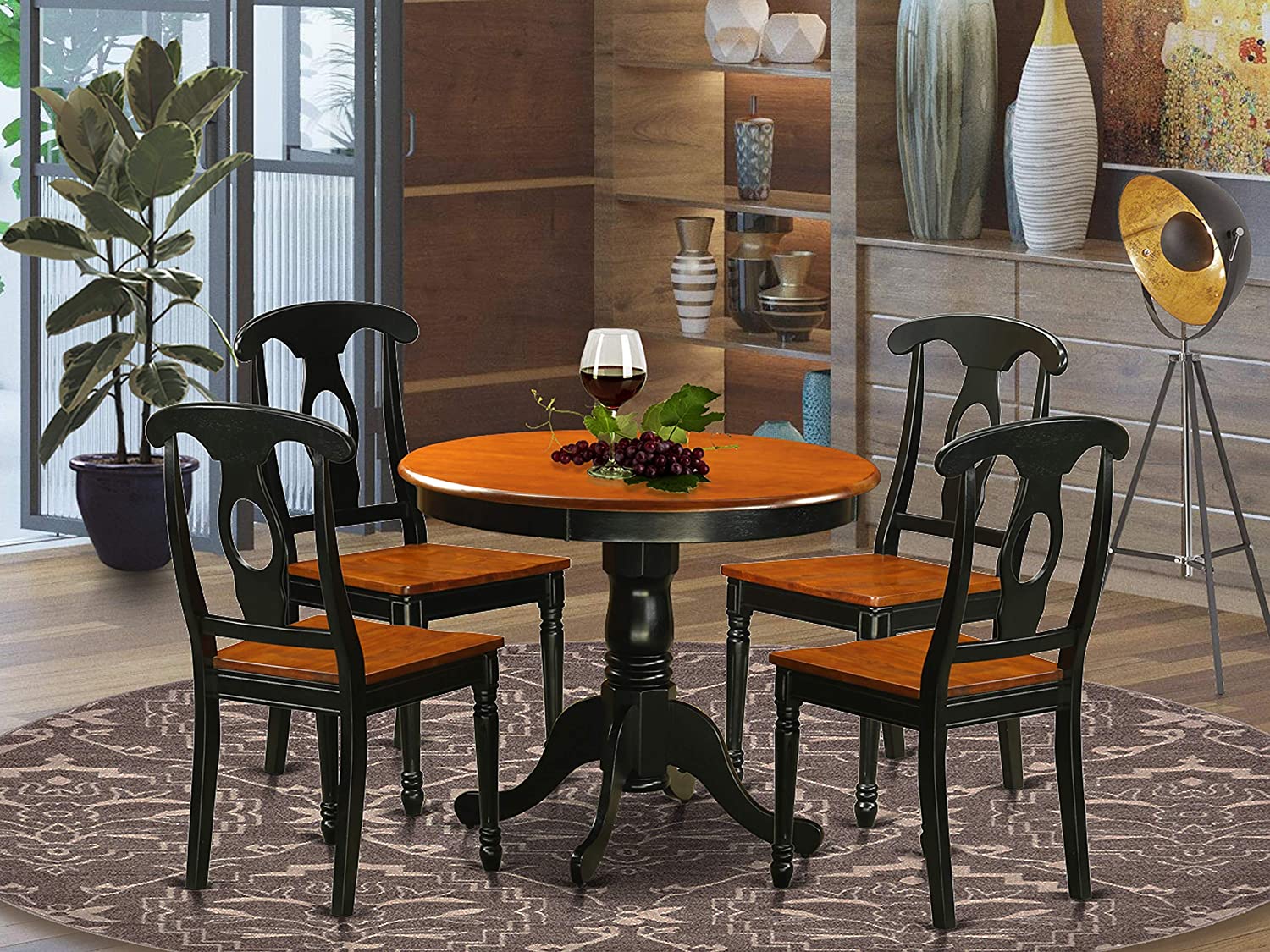 East West Furniture Dinette Set- 4 Wonderful Kitchen Chairs - A Wonderful Mid-Century Dining Table- Wooden Seat- Cherry and Black Wood Table