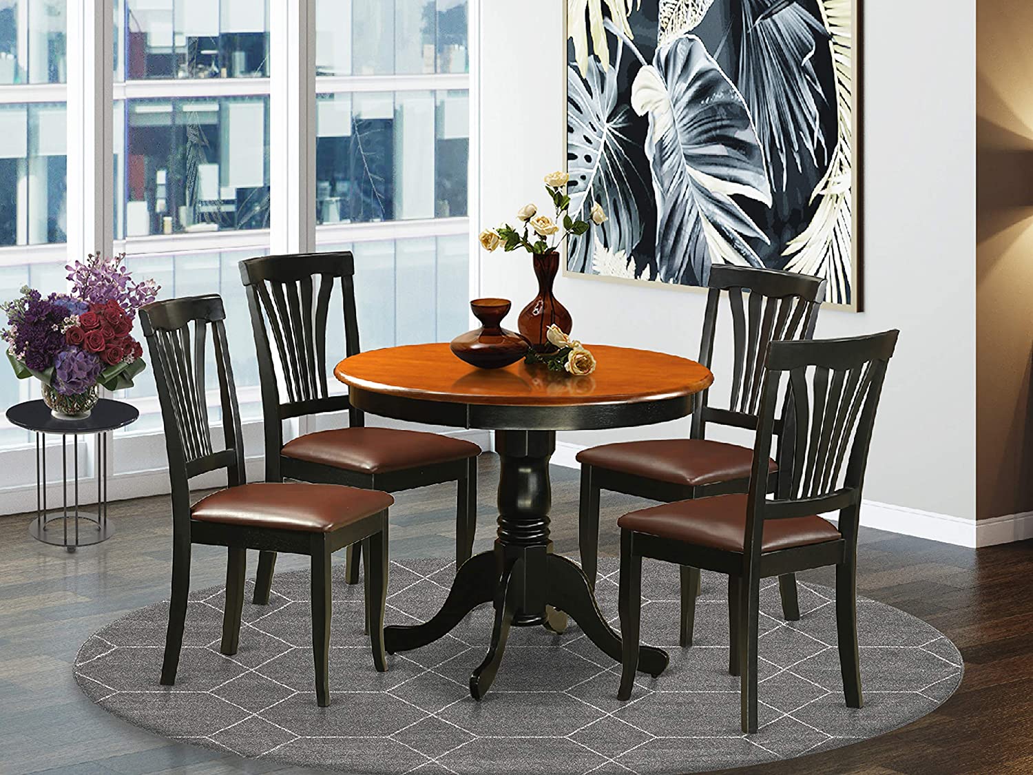 East-West Furniture dining set- 4 Fantastic dining chairs - A Beautiful round dining table- Faux Leather seat and Black Finnish Dining Table