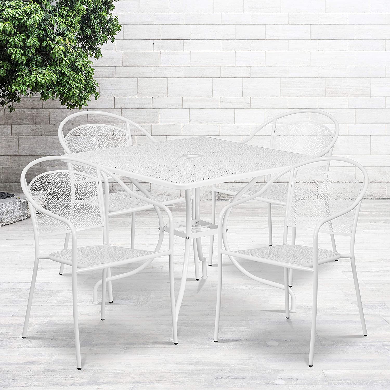 Flash Furniture Commercial Grade 35.5&#34; Square White Indoor-Outdoor Steel Patio Table Set with 4 Round Back Chairs