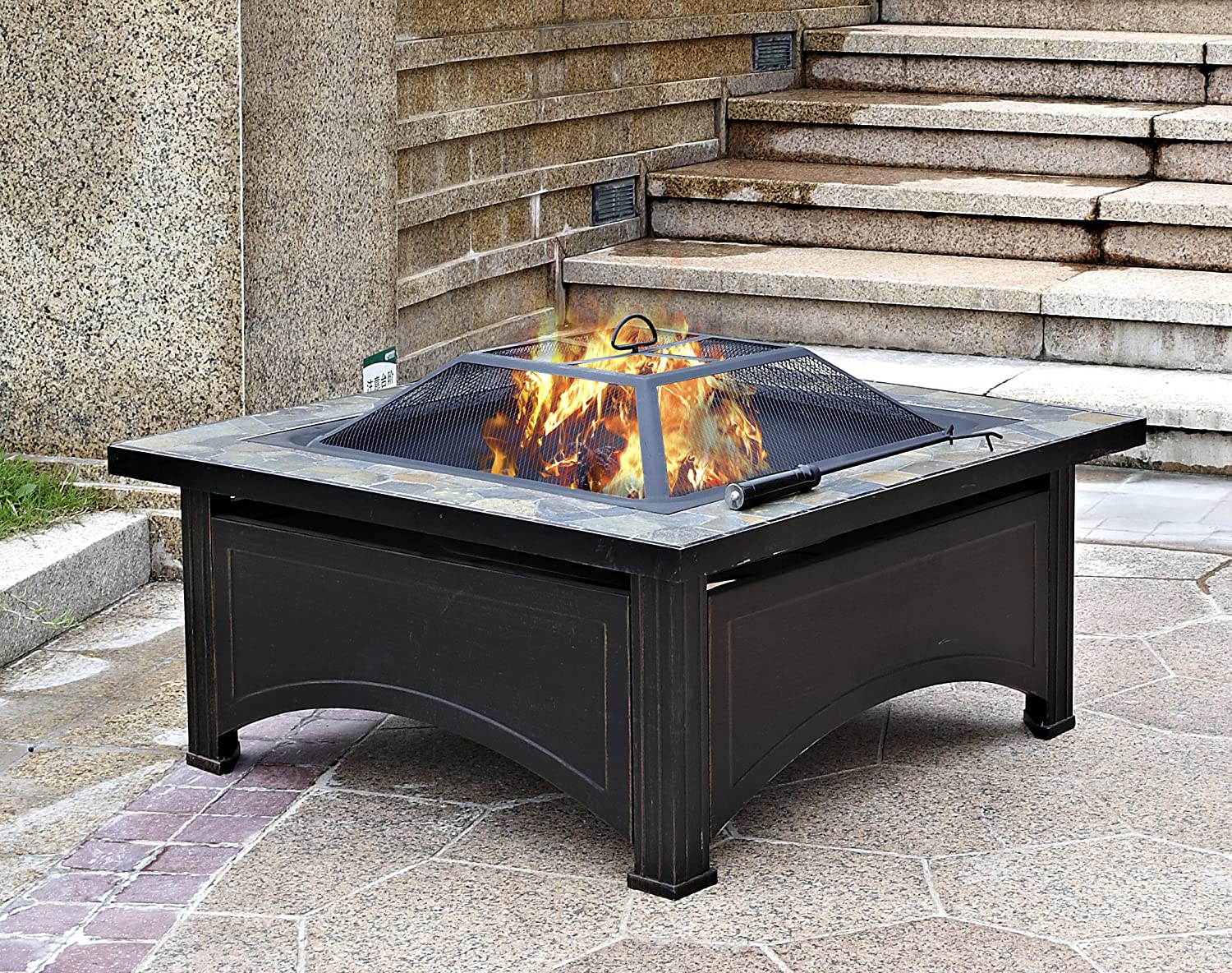 Hiland FT-51133D Square Burning Fire Pit w/Wood Grate and Domed Mesh Screen Lid, Poker Included, Slate Stone Tile Top