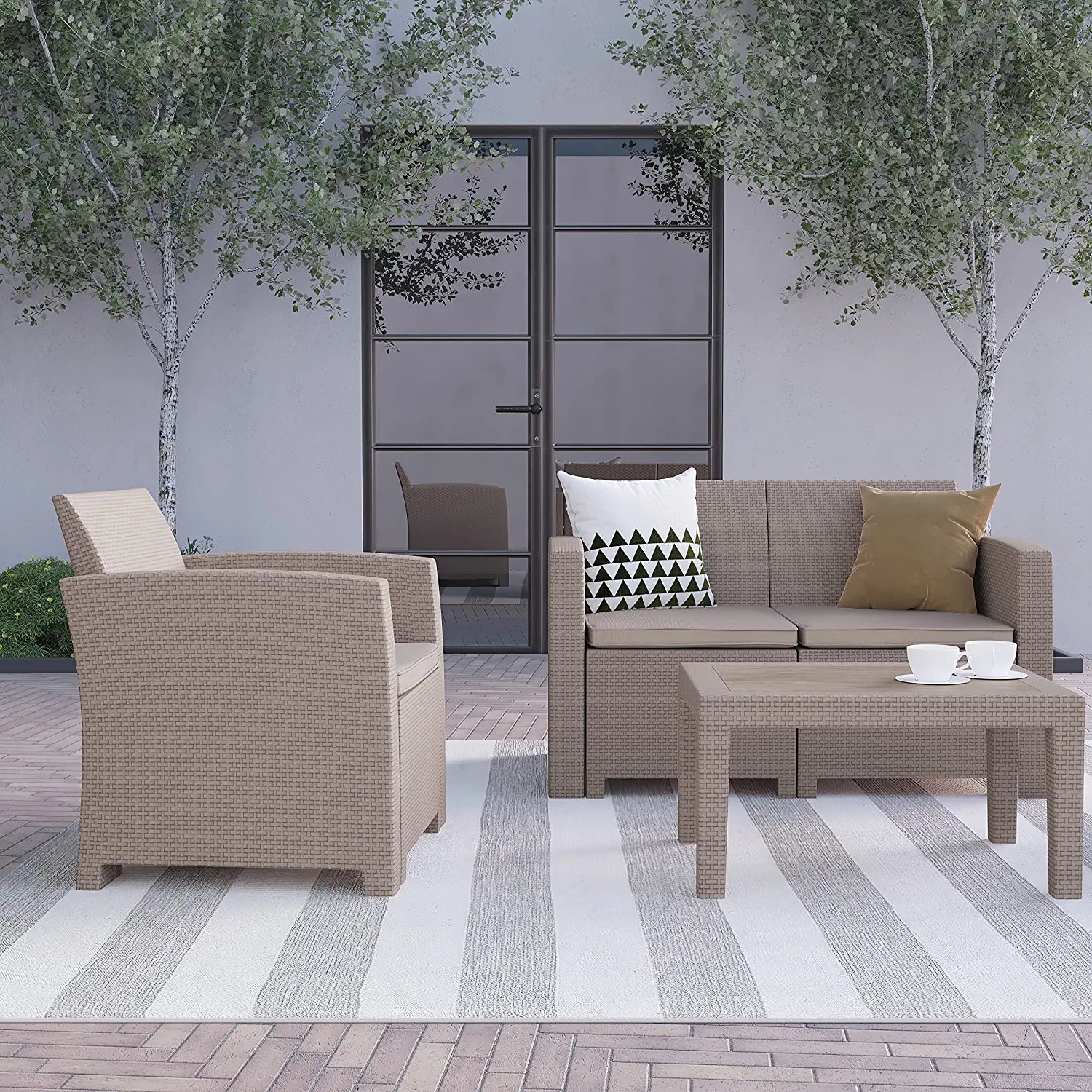 Flash Furniture 4 Piece Outdoor Faux Rattan Chair, Loveseat and Table Set in Light Gray