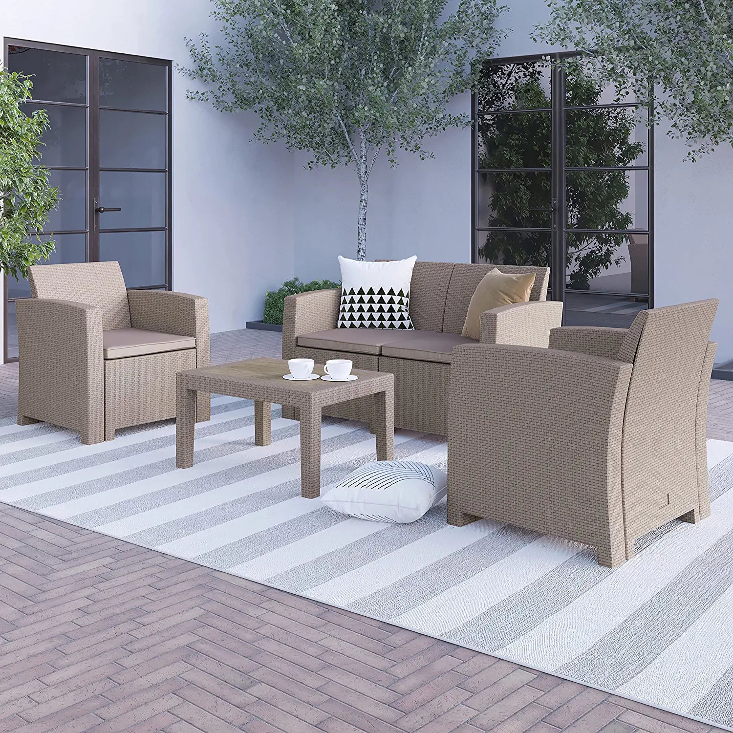 Flash Furniture 4 Piece Outdoor Faux Rattan Chair, Loveseat and Table Set in Light Gray