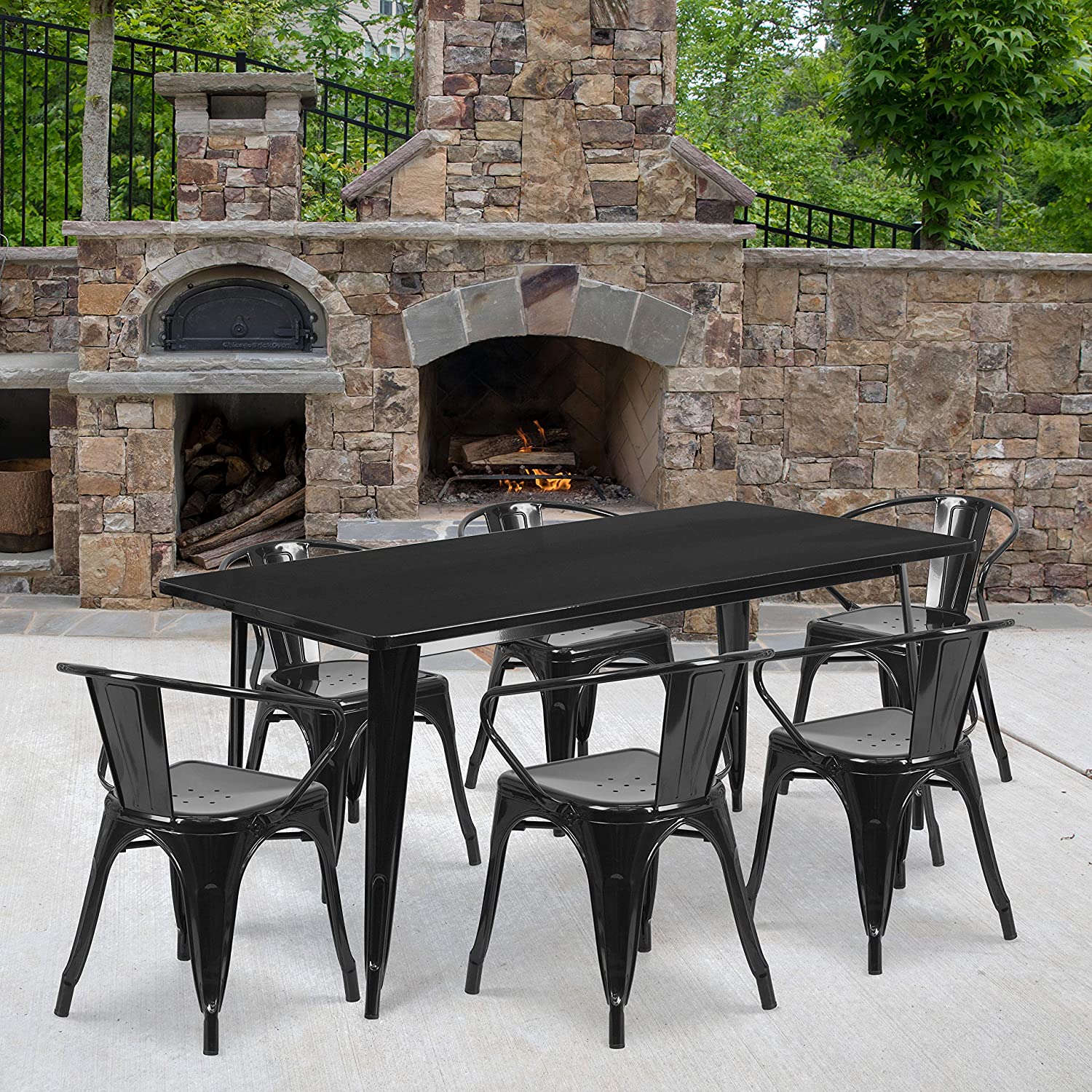 Flash Furniture Commercial Grade 31.5&#34; x 63&#34; Rectangular Black Metal Indoor-Outdoor Table Set with 6 Arm Chairs