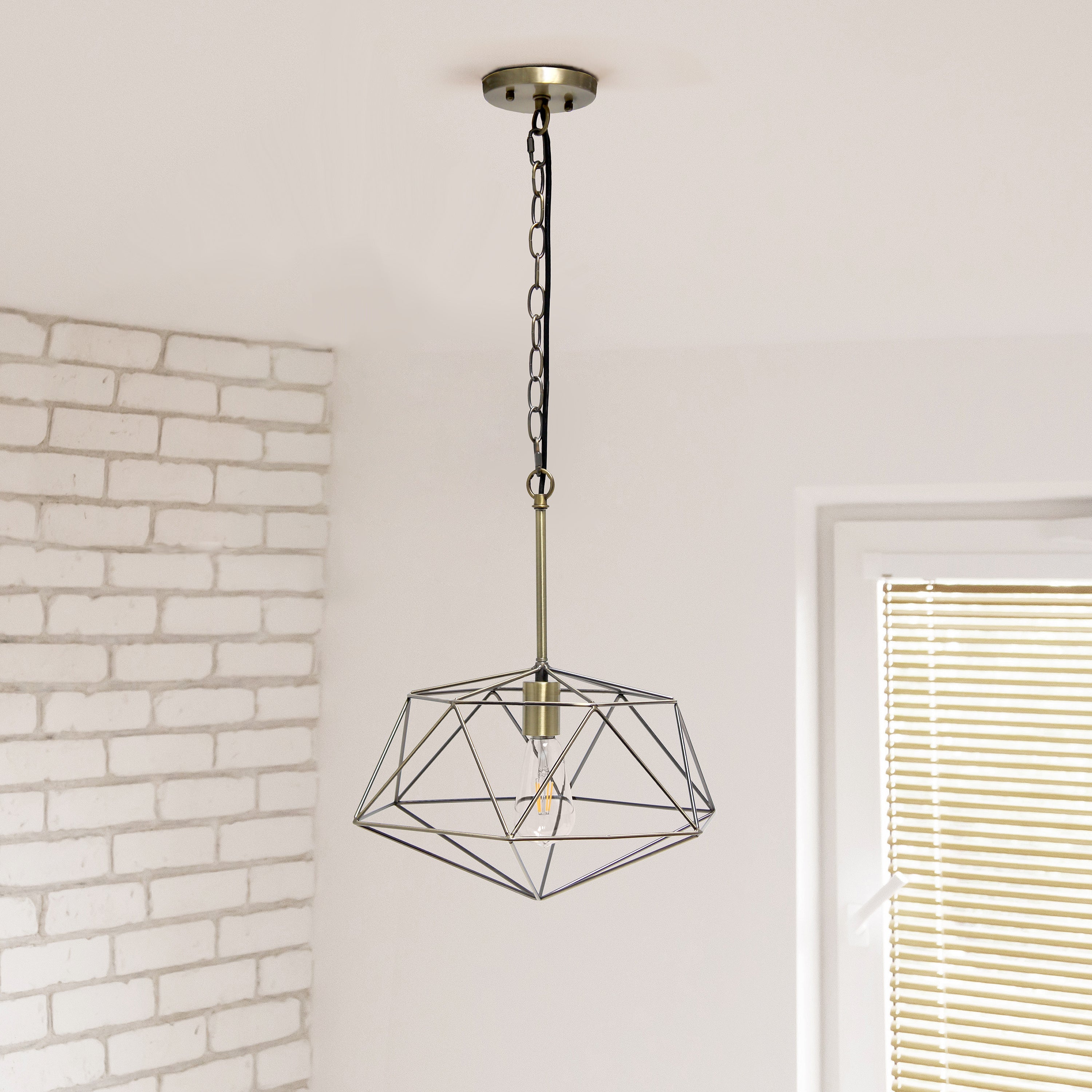 Elegant Designs Large 16inches Geometric Diamond Shaped Pendant Industrial Metal Wire Cage Hanging Ceiling 1 Light Fixture Antique Brass