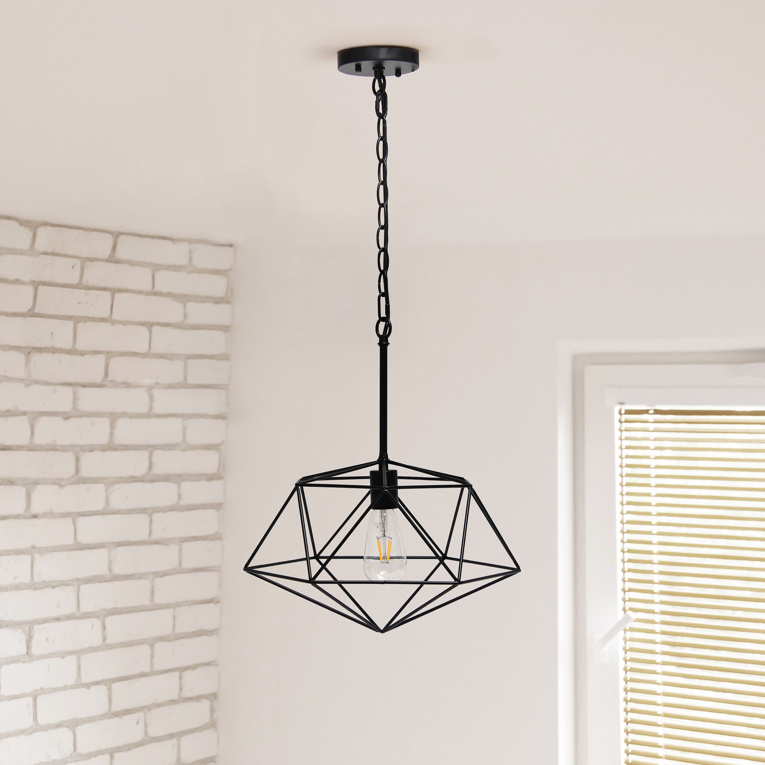 Elegant Designs Large 16inches Geometric Diamond Shaped Pendant Industrial Metal Wire Cage Hanging Ceiling 1 Light Fixture Black