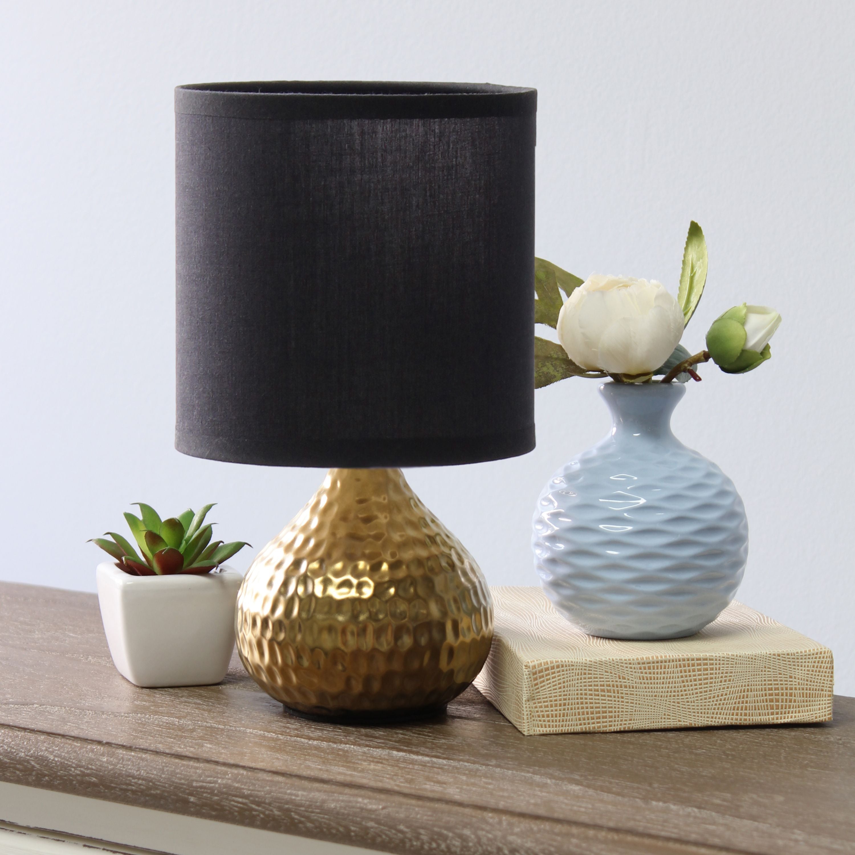 Simple Designs LT2073-SVW Mini Hammered Texture Silver Drip Table Lamp with White Shade